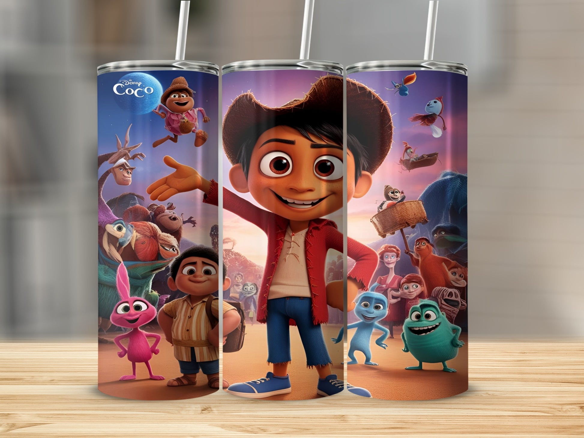 Coco movie characters with Miguel in the center, standing on a wooden surface.