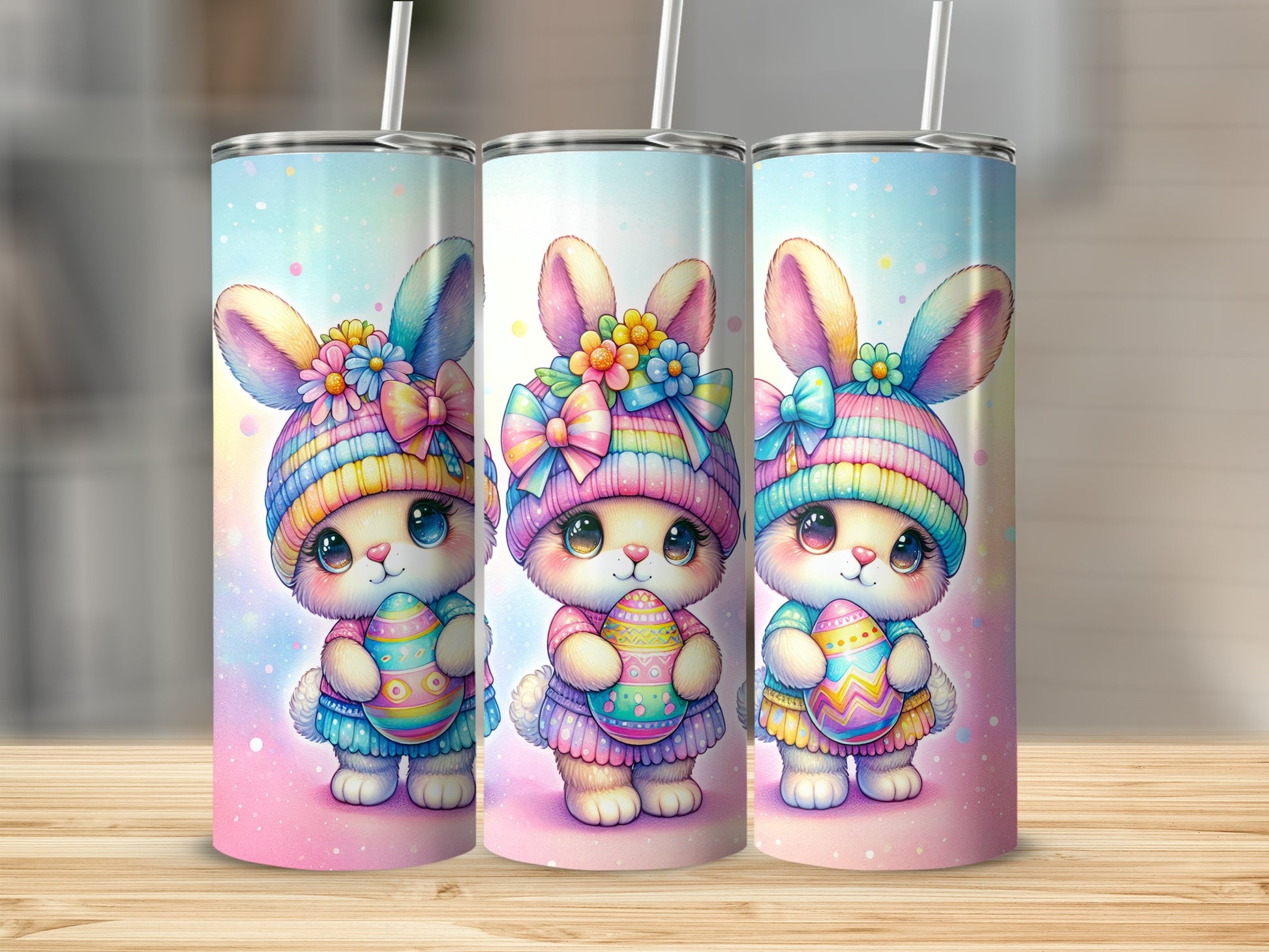 Three Easter bunny tumblers with colorful eggs, pastel background, and striped hats.