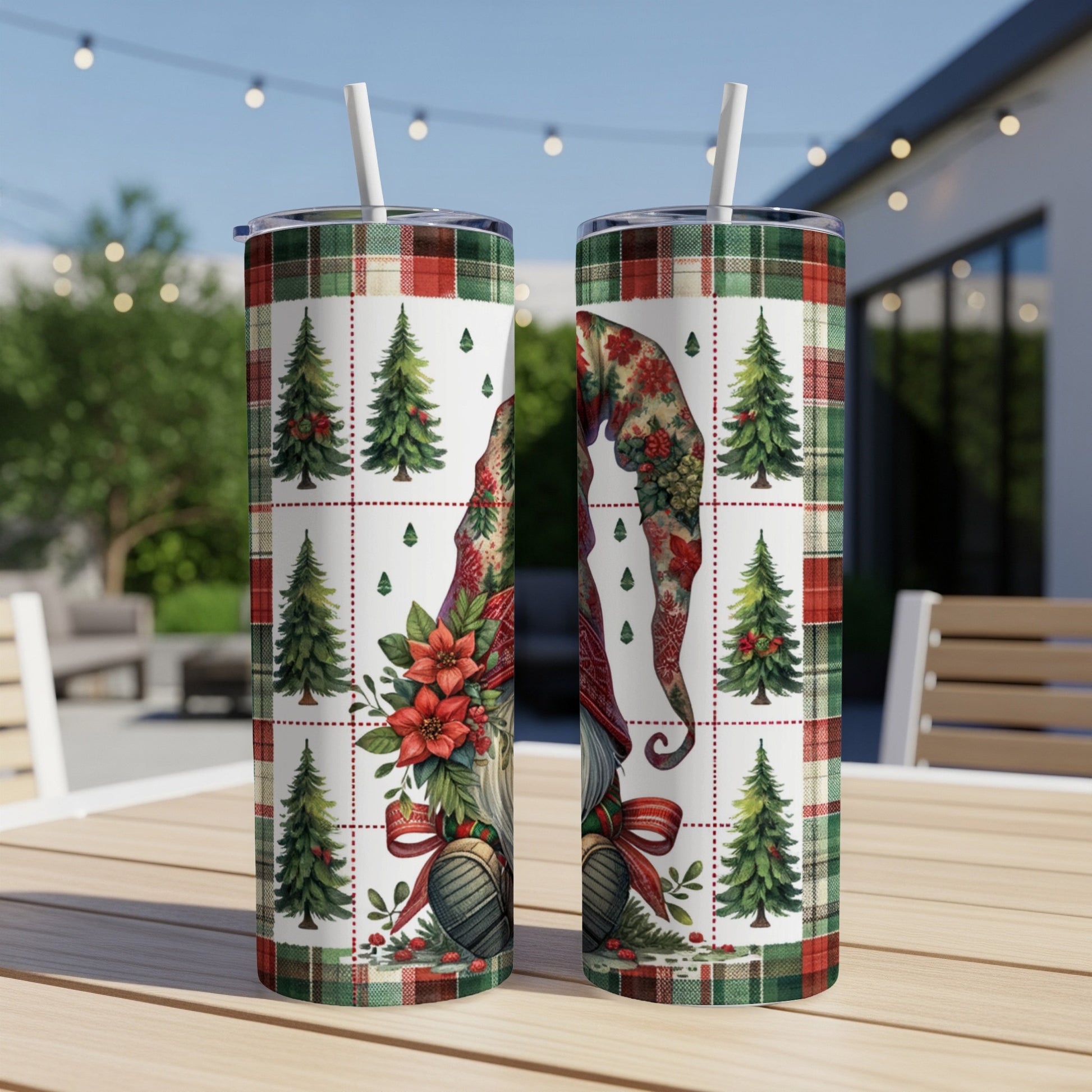 Two tumblers with a Christmas gnome, poinsettias, and plaid tree pattern.