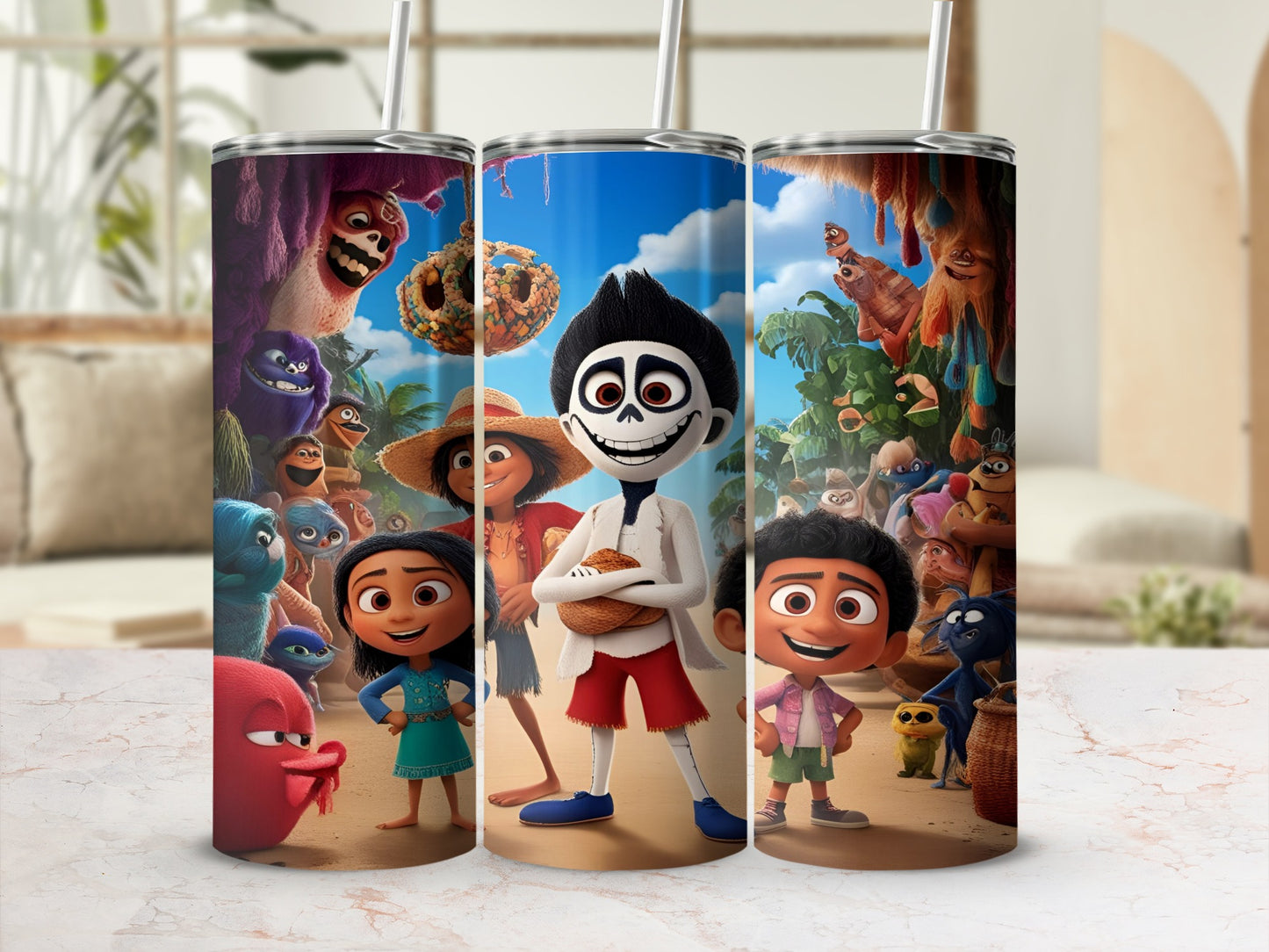The Mitchells vs. the Machines characters on a cylindrical tumbler.