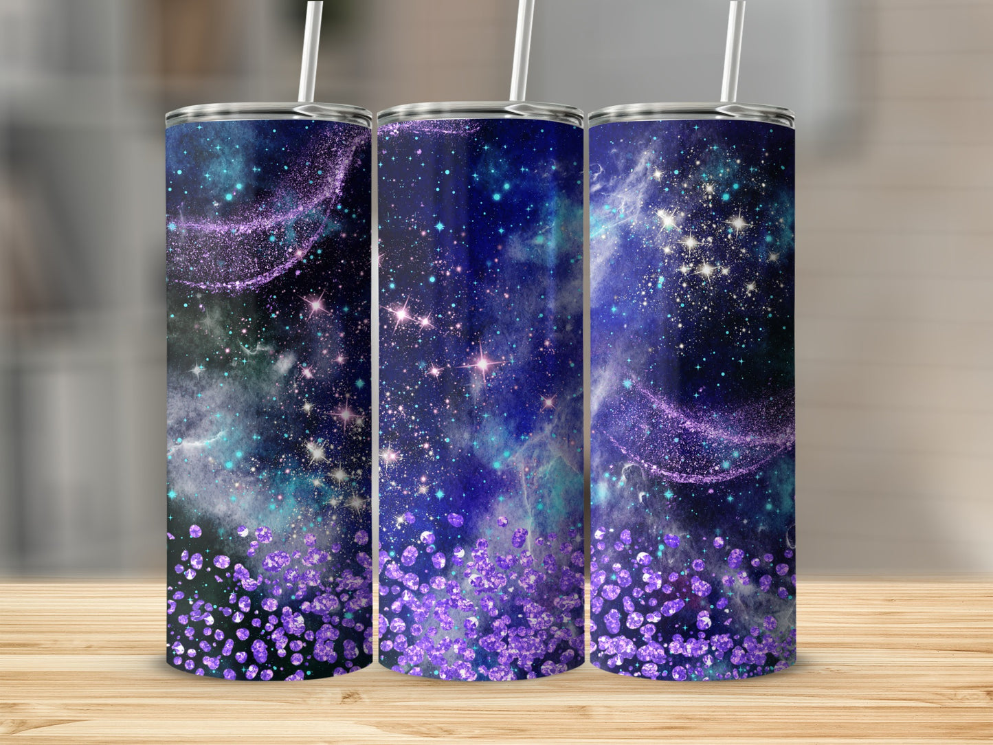 Sparkling Galaxy and Stars Tumbler with Purple Accents