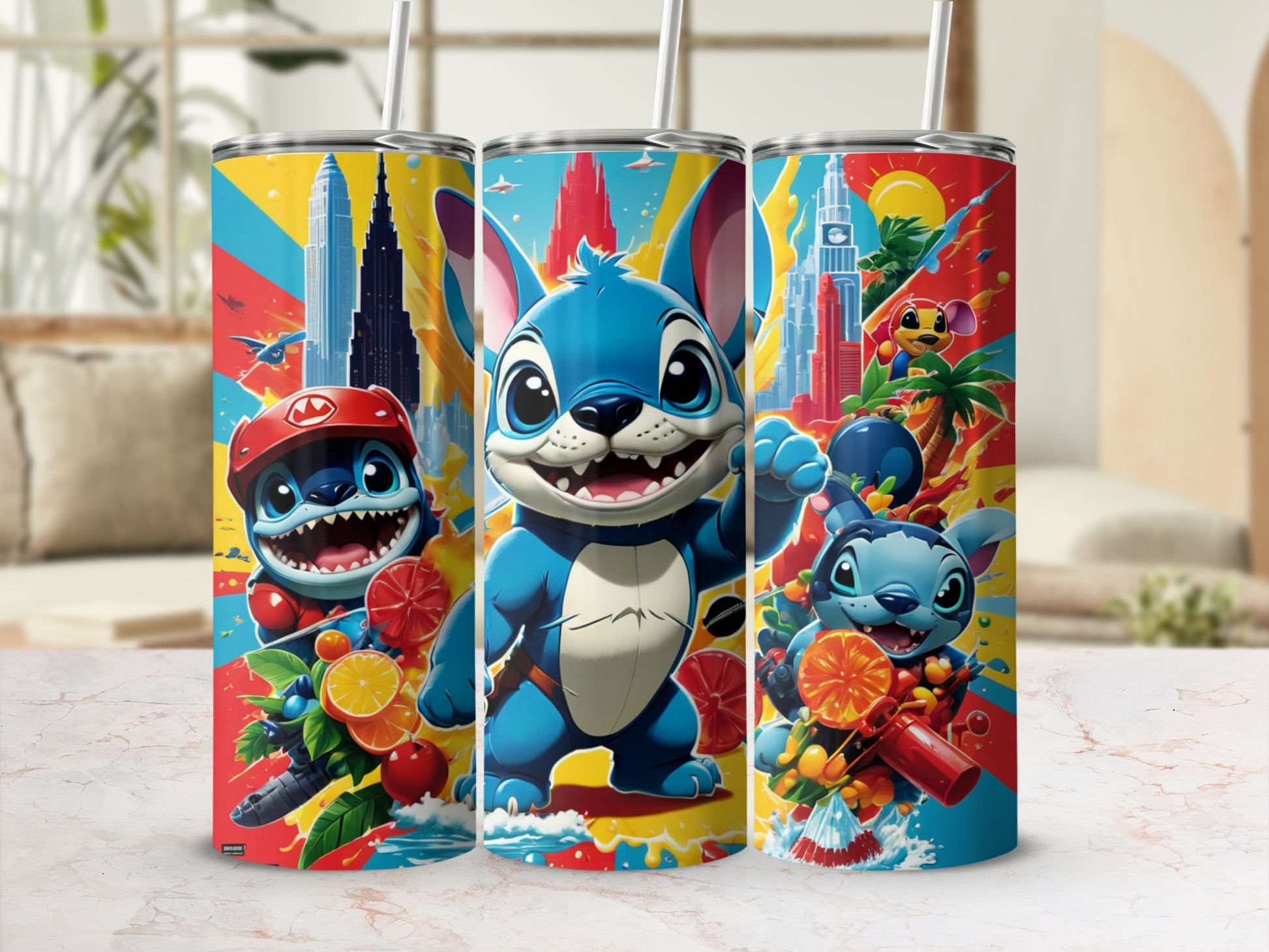 Stitch character on a colorful, patterned tumbler with cityscape and fruit graphics.