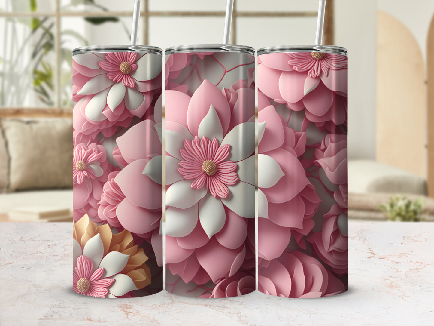 Three tumblers with a pink and white floral pattern.