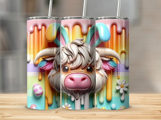 Cute cow with bunny ears and Easter eggs, surrounded by dripping paint.