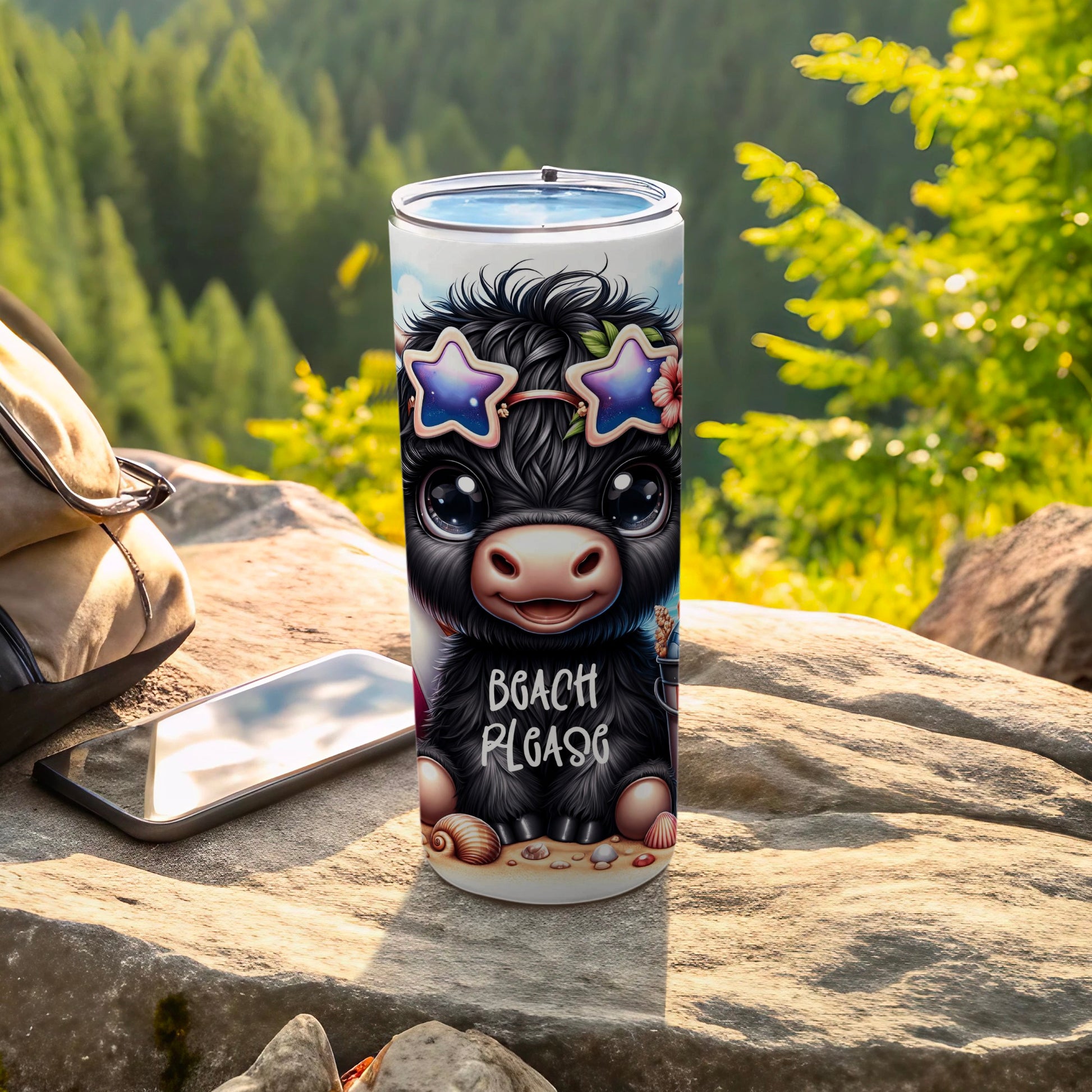 Black cartoon cow with sunglasses and text "BEACH PLEASE" on a tumbler.