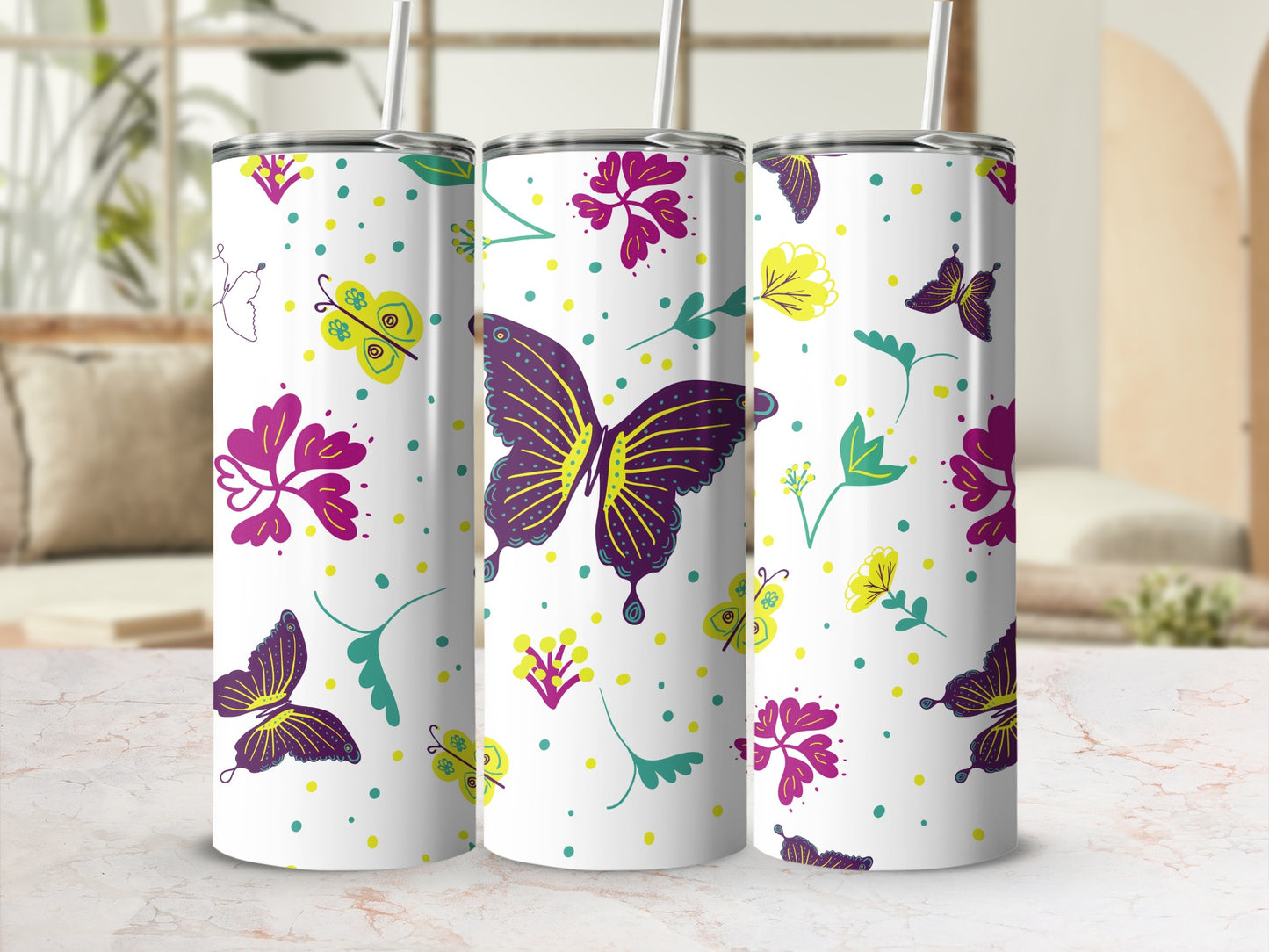 Colorful Butterfly and Flower Pattern Insulated Tumbler