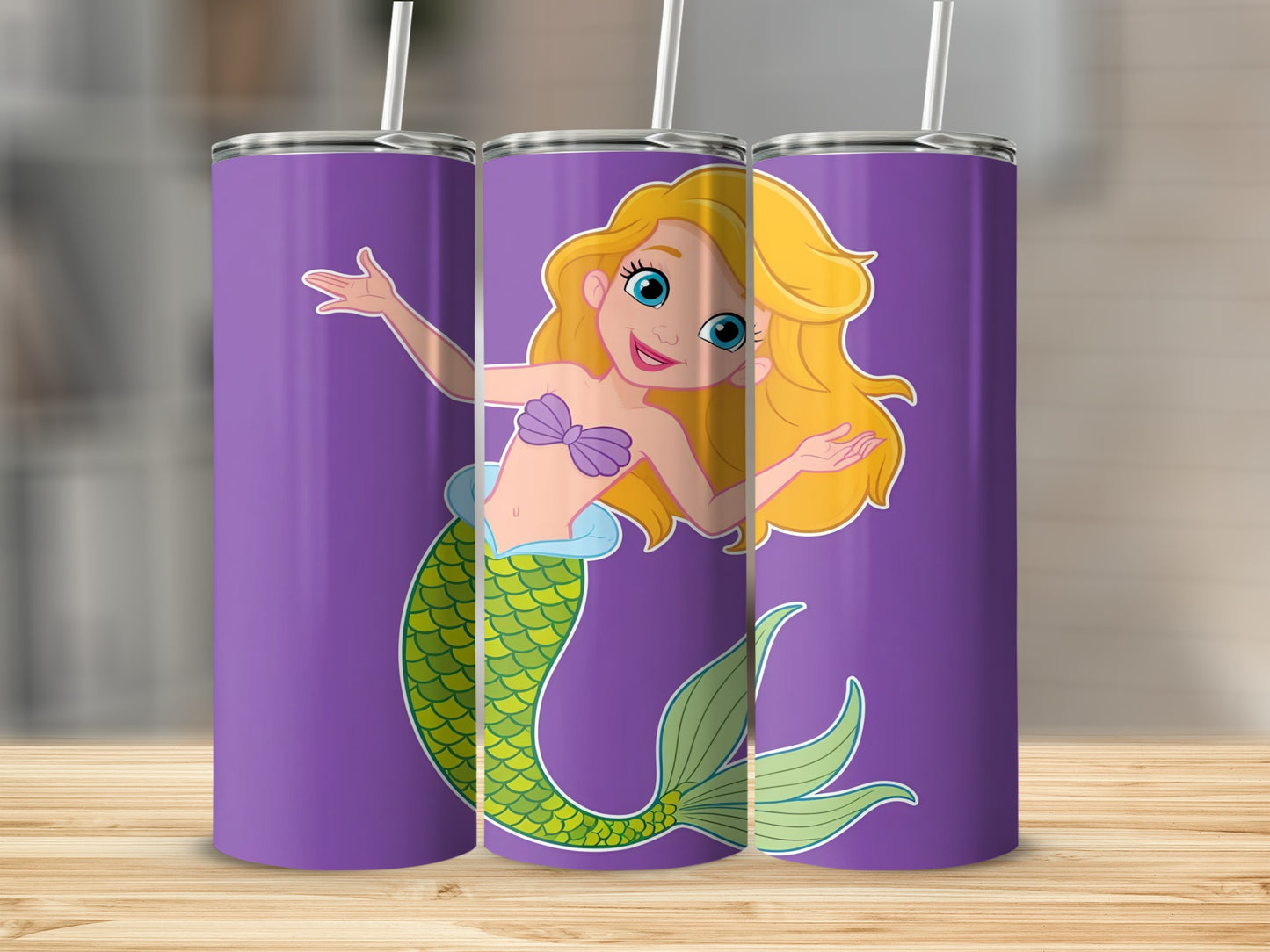 Purple tumbler featuring a cartoon blonde mermaid with a green tail.
