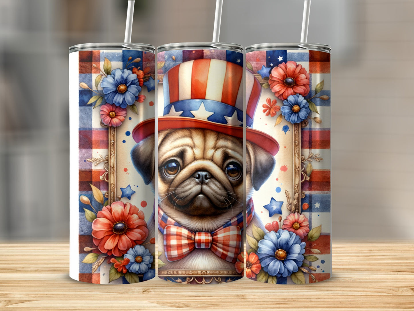 Pug wearing patriotic hat and bow tie, surrounded by flowers and stars.