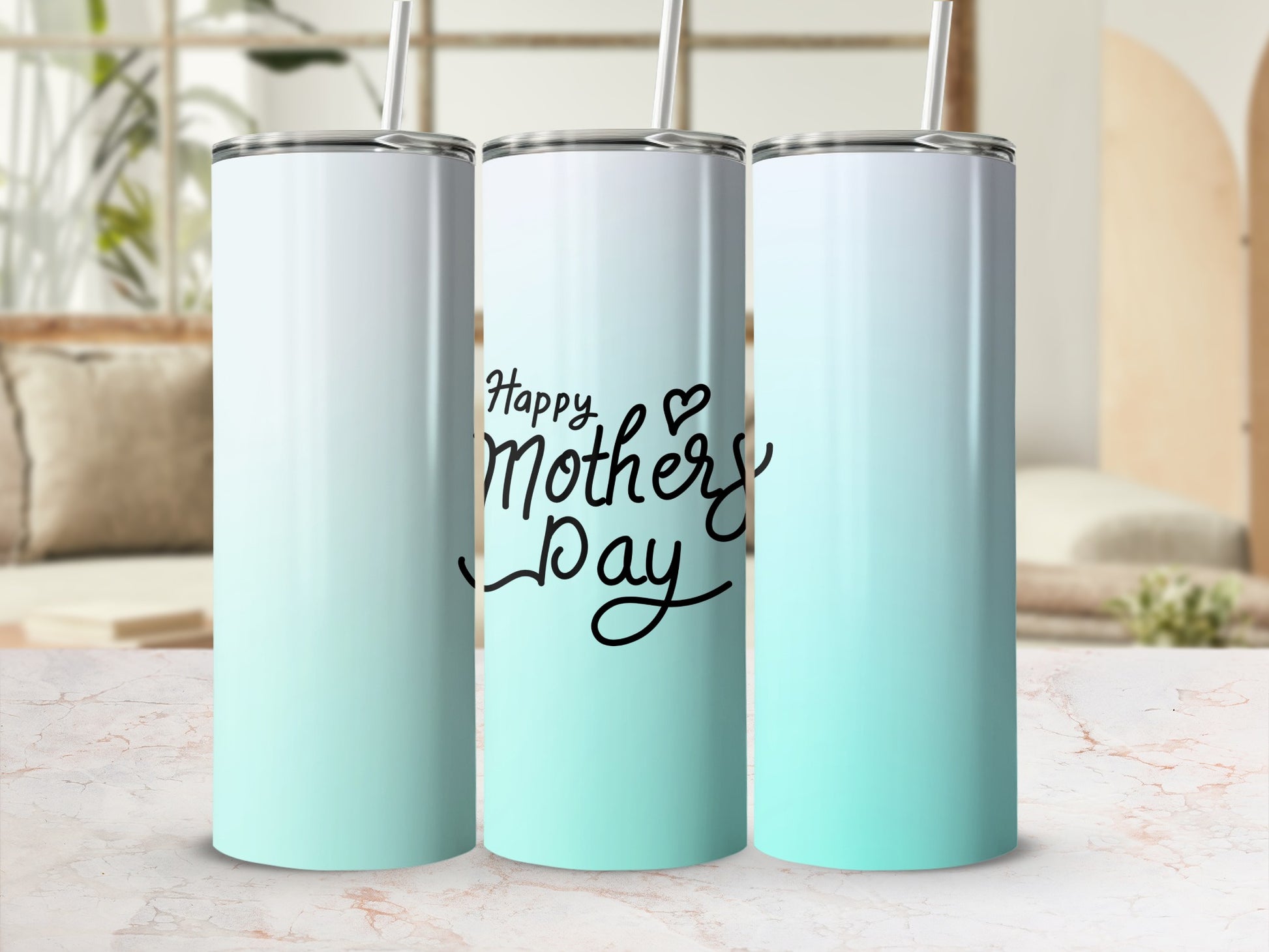 Three gradient tumblers with "Happy Mother's Day" text.