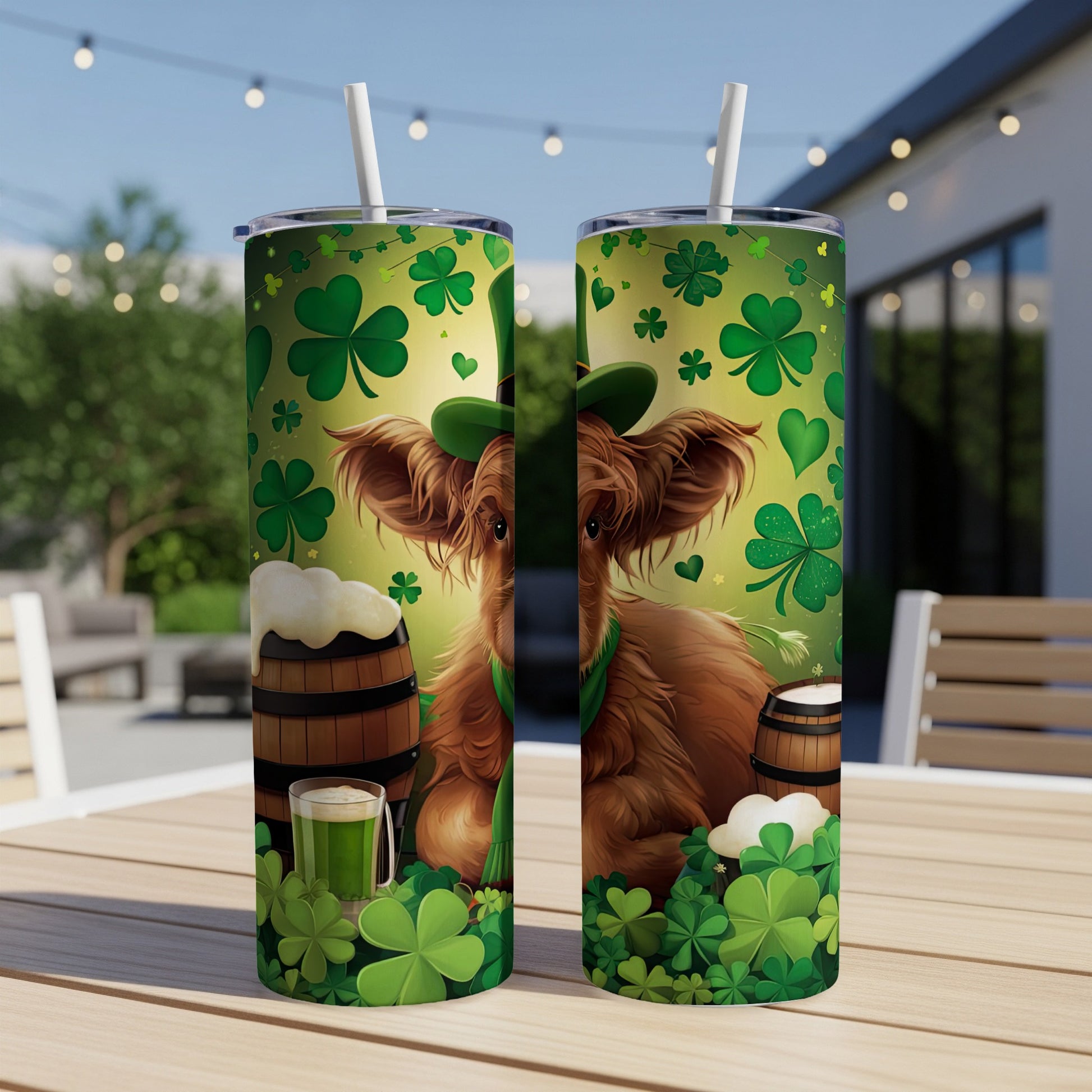 Highland cow in a green hat surrounded by shamrocks and beer.