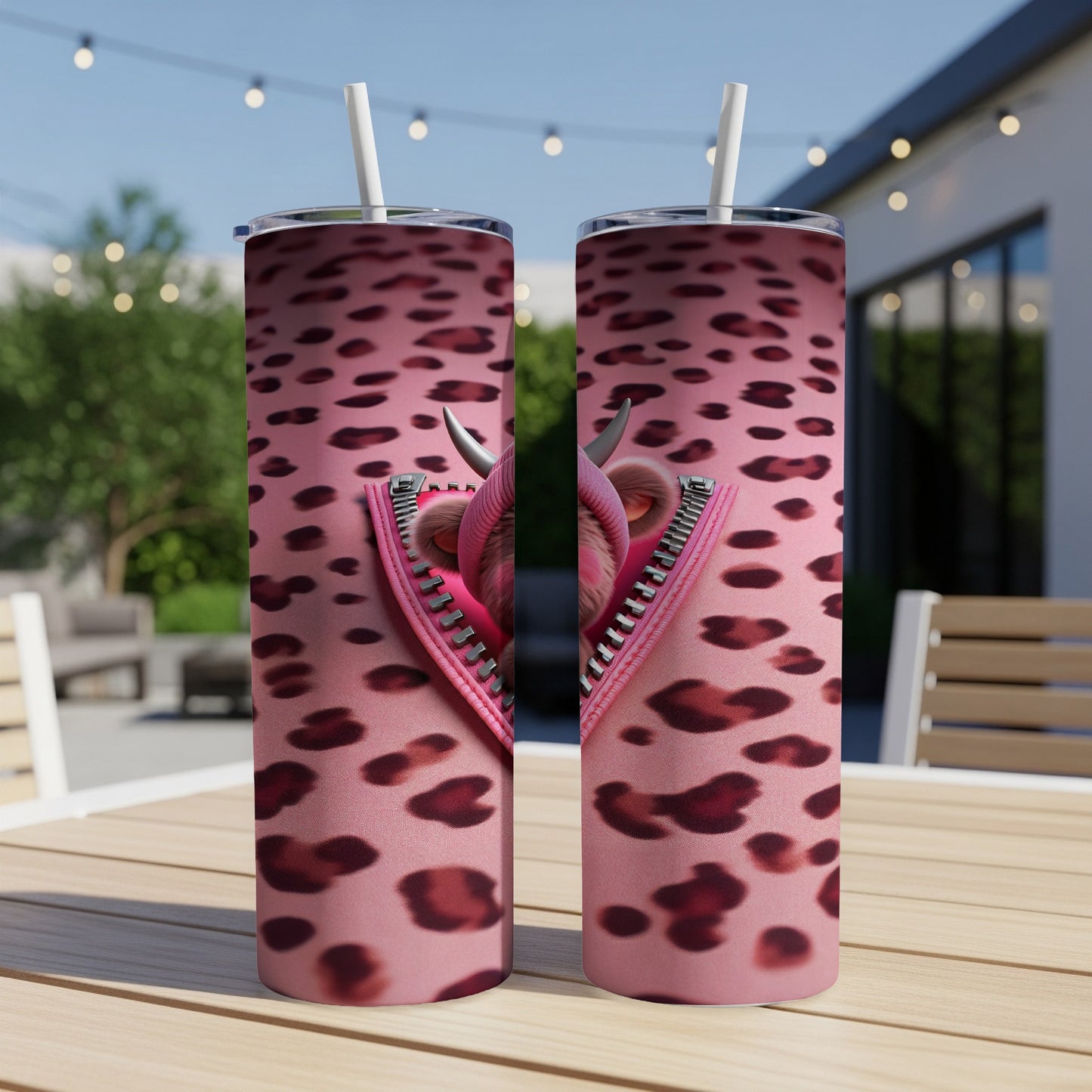 Pink leopard print tumbler with open zipper revealing a furry interior.