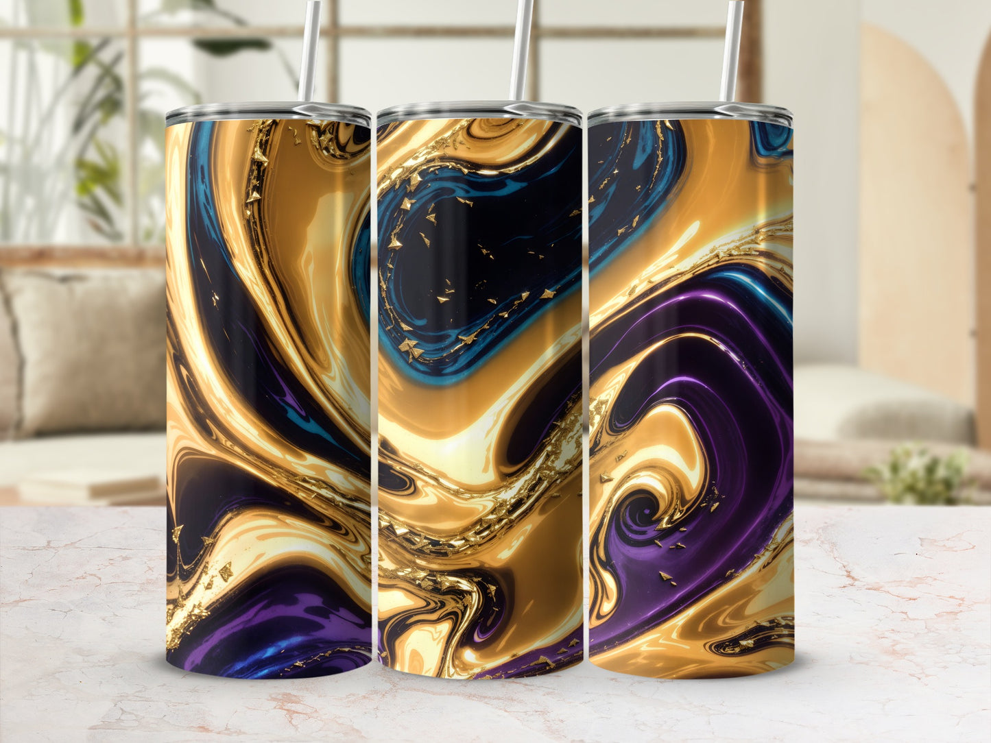 Three tumblers with swirling abstract gold, purple, and black marbled design.