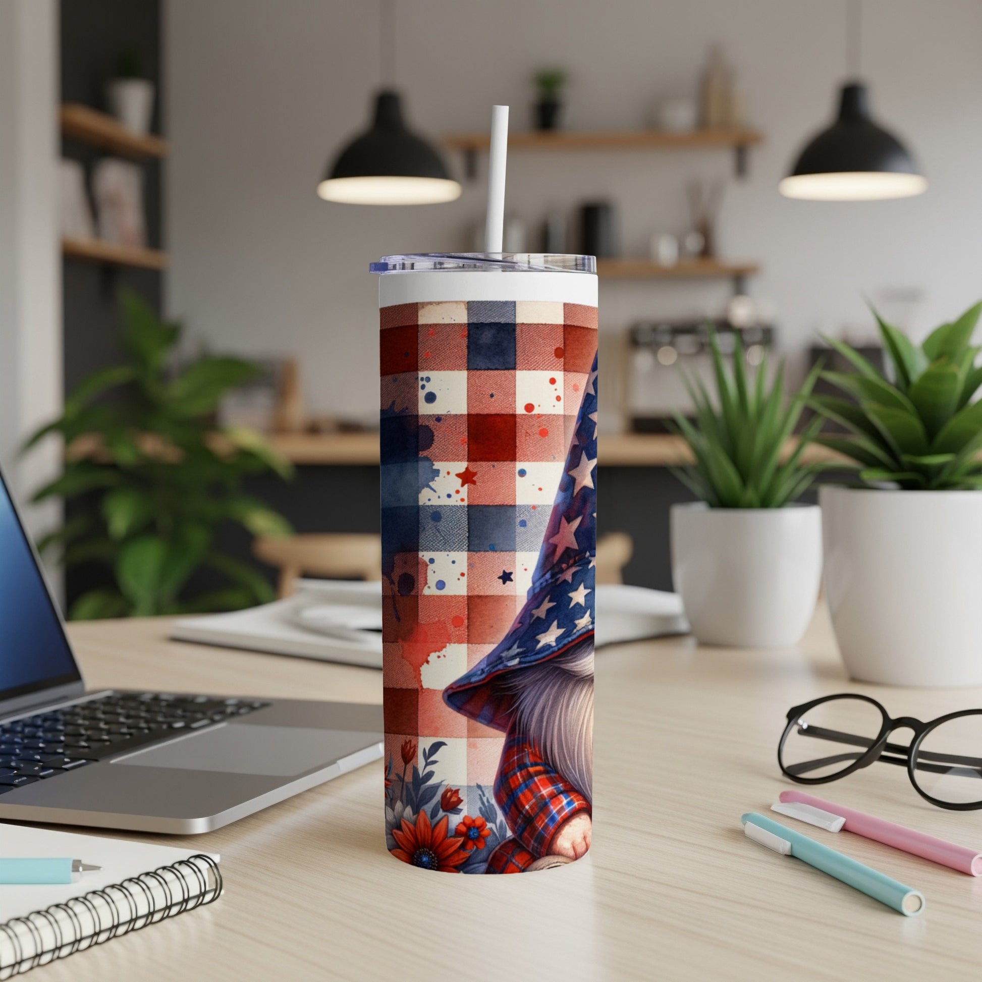 Patriotic gnome tumbler with red, white, and blue plaid and stars.