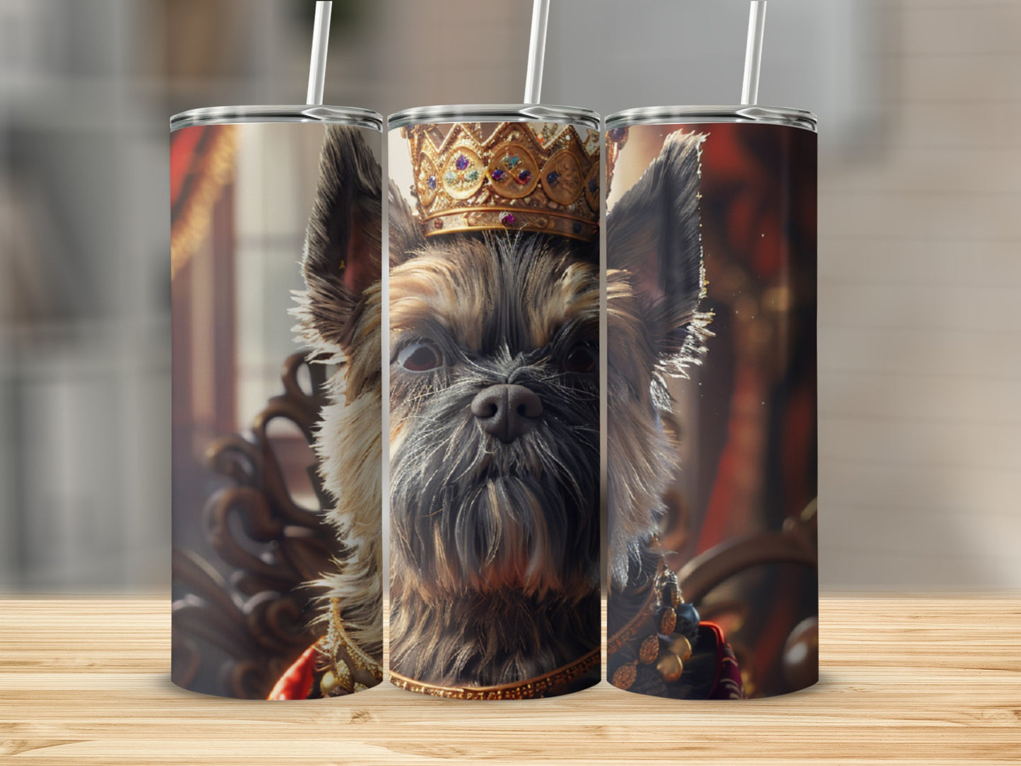 Yorkshire Terrier dog wearing a crown, centered on a skinny tumbler.