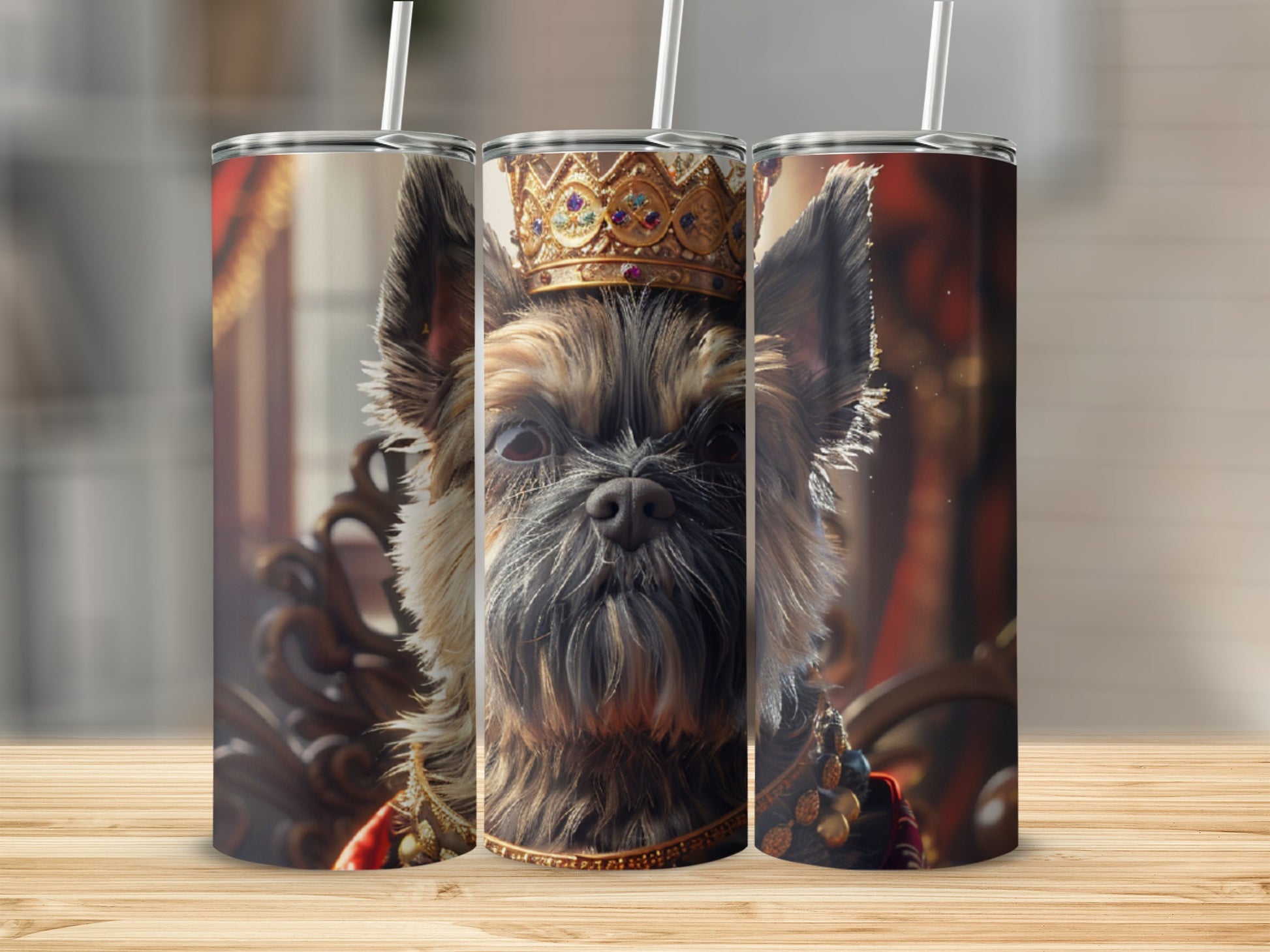 Yorkshire Terrier dog wearing a crown, centered on a skinny tumbler.
