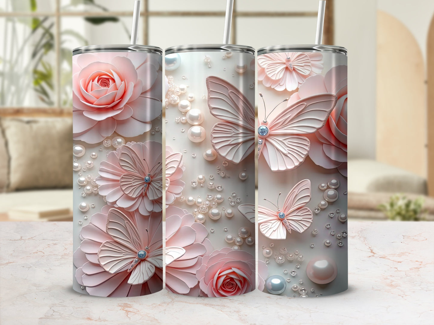 Pink Rose Butterfly Pearl Sparkle Elegant Tumbler product type