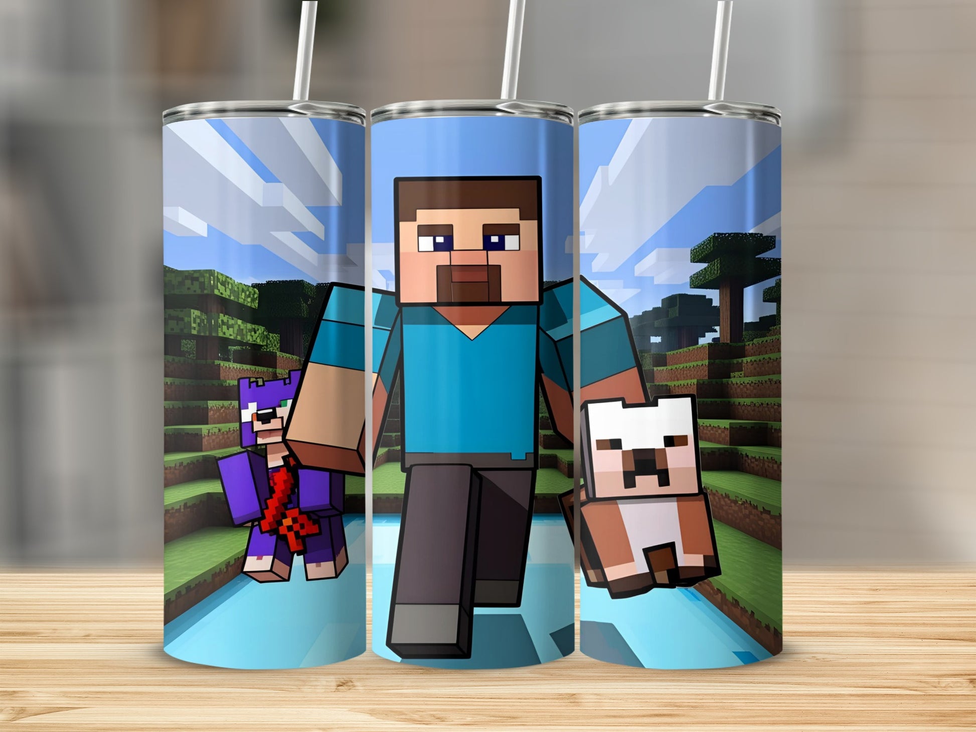 Steve, a purple cat, and a white dog from Minecraft on a blue tumbler.