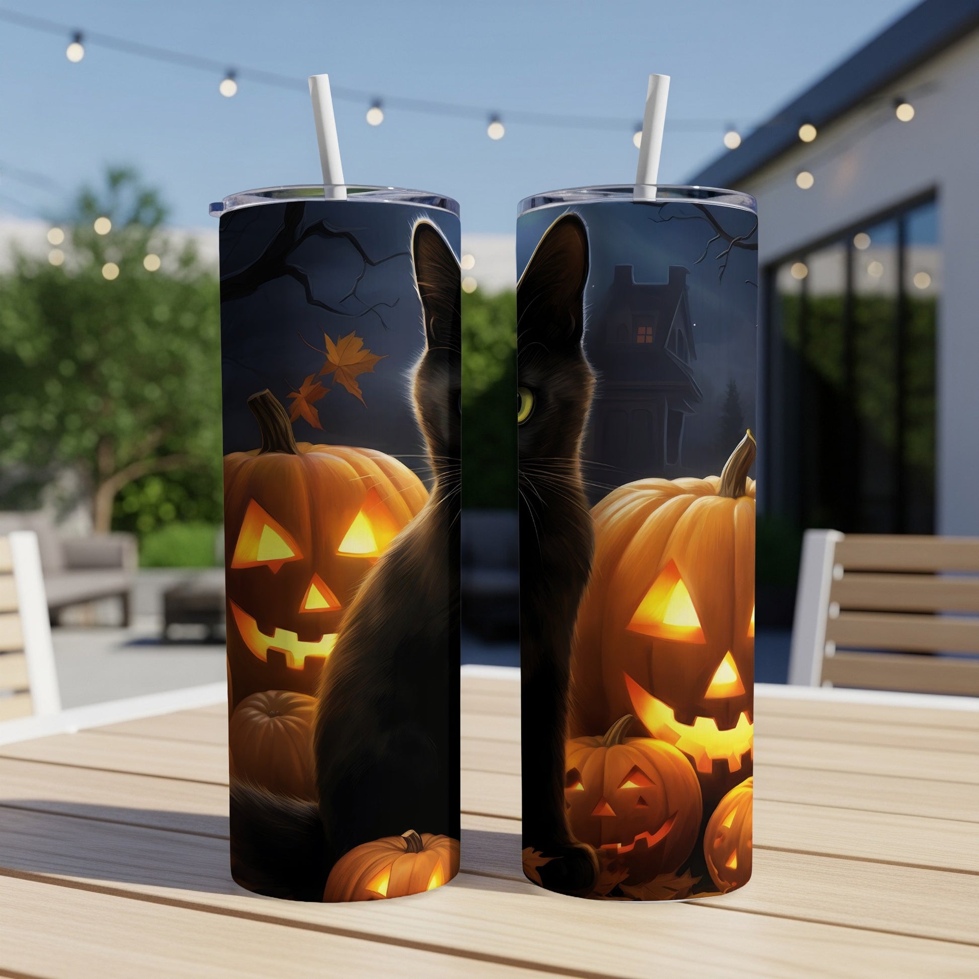Halloween tumbler with black cat and carved pumpkins, set outdoors.