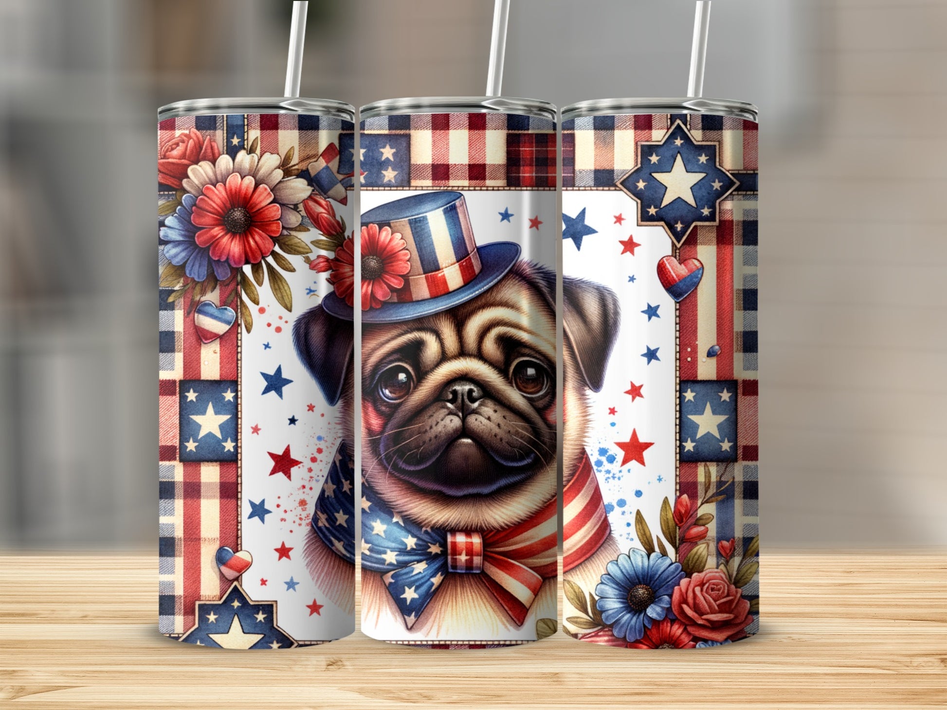 Pug in patriotic hat and bowtie on a tumbler with stars and flowers.