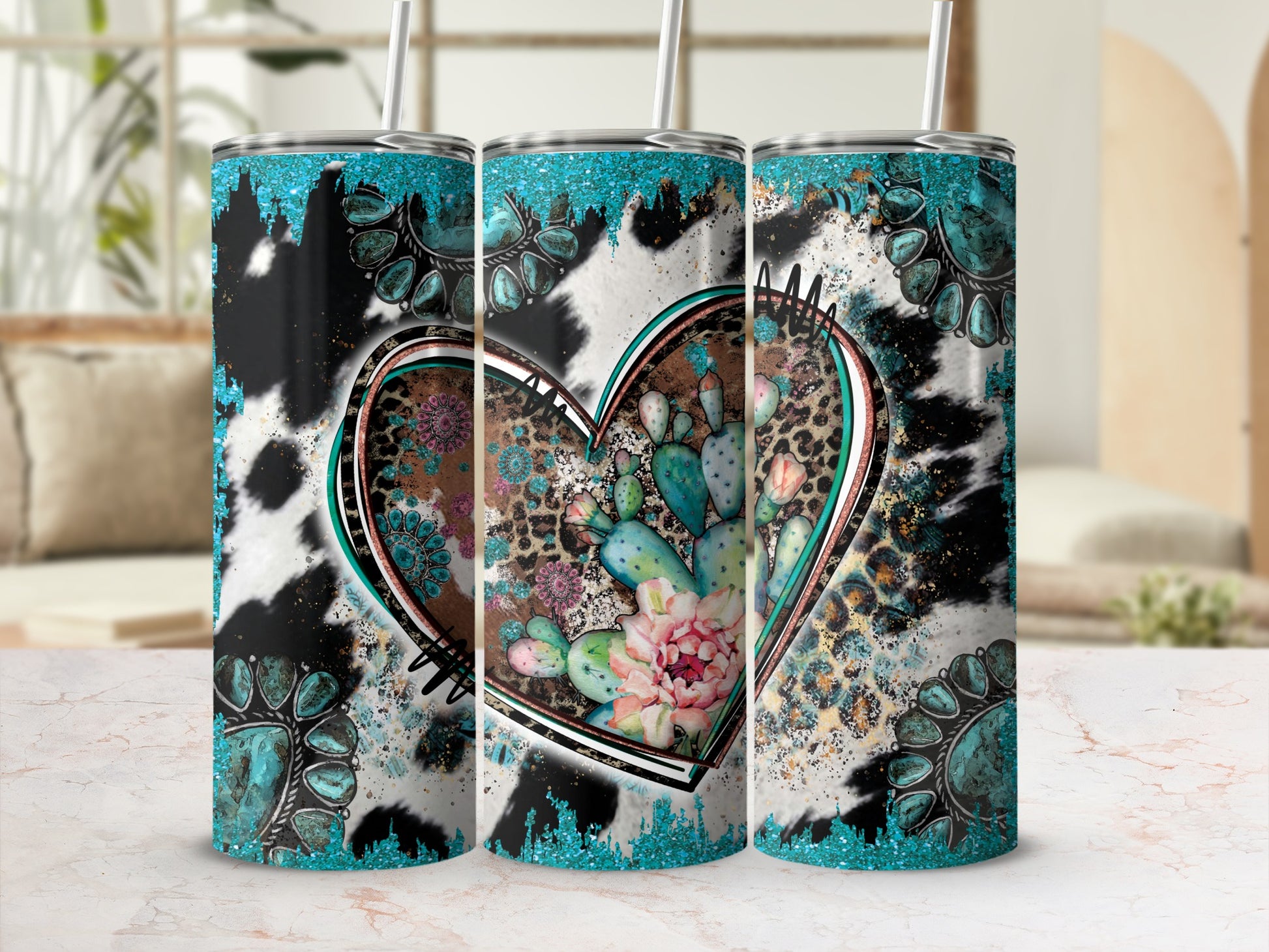 Turquoise and leopard print tumbler with distressed heart and cactus design.
