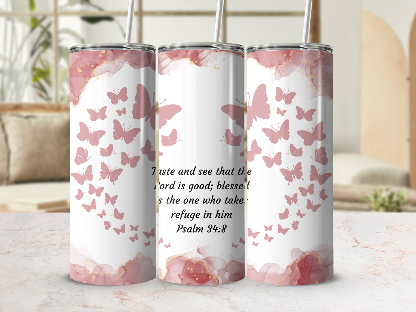 Pink Butterfly Scripture Insulated Tumbler Cup