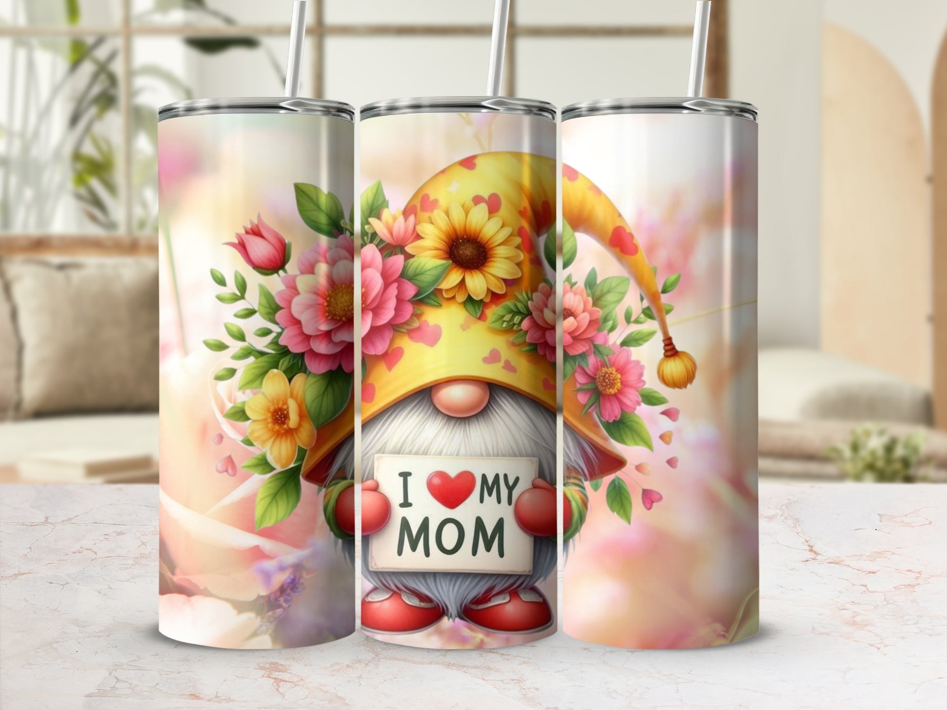 Colorful Floral Gnome I Love My Mom Travel Mug