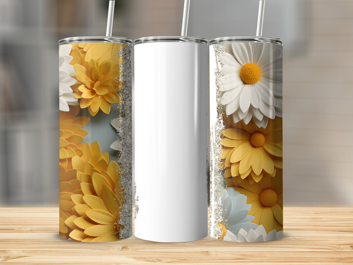 Two tall, white tumblers adorned with large yellow and white daisies, one on each side.