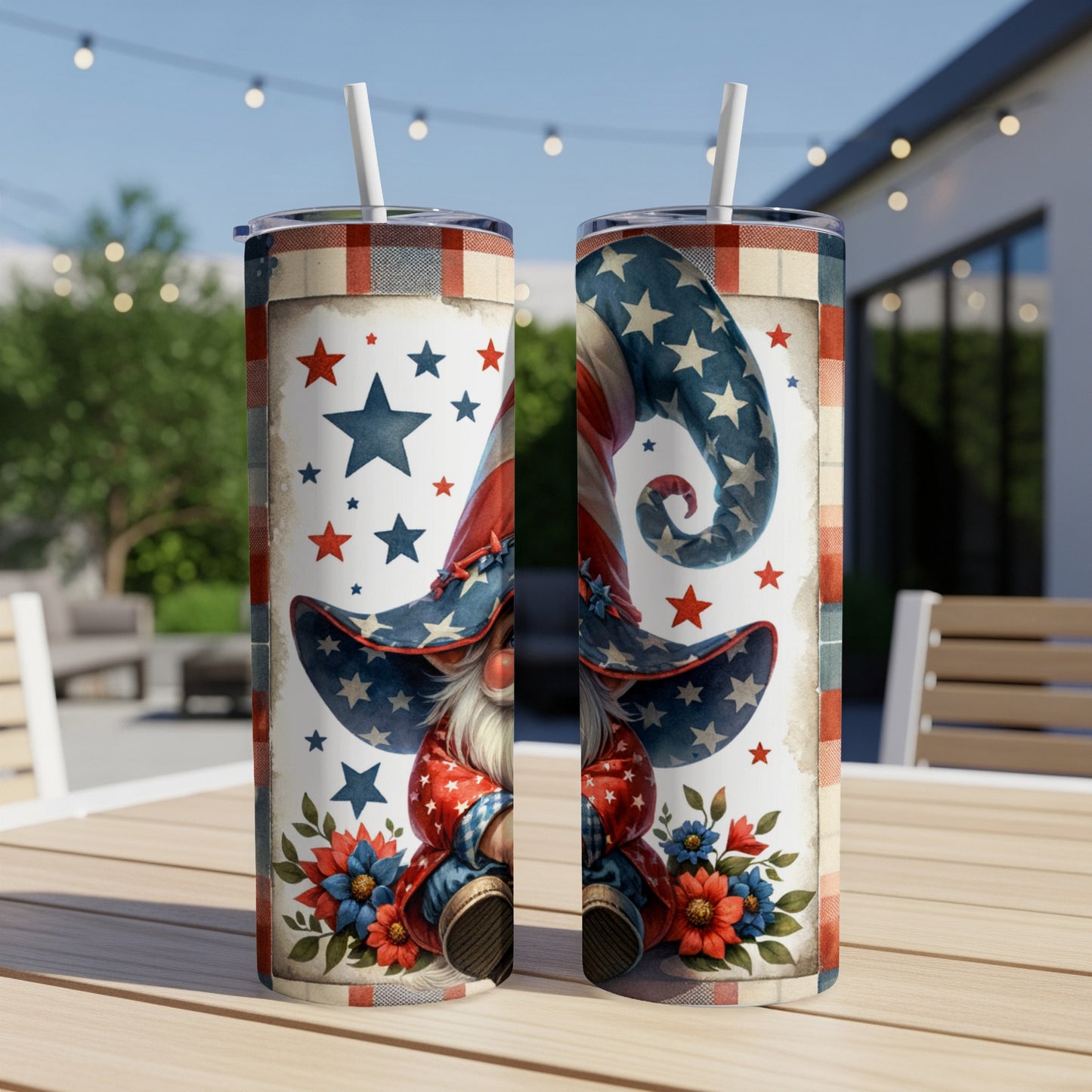 Gnome in patriotic hat with stars and flowers, two tumblers.