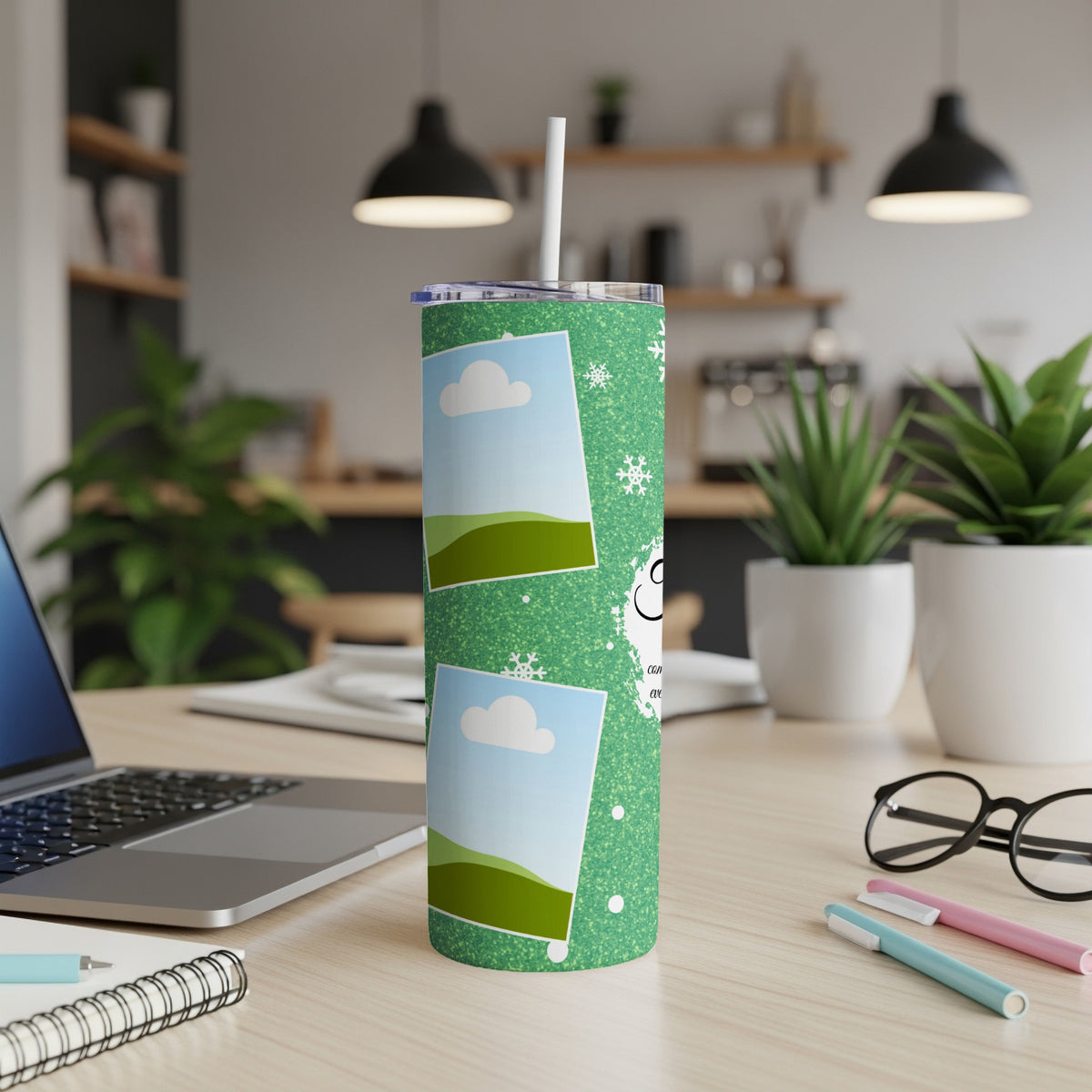 Green glitter tumbler with snowflake pattern and photo frames, with straw.