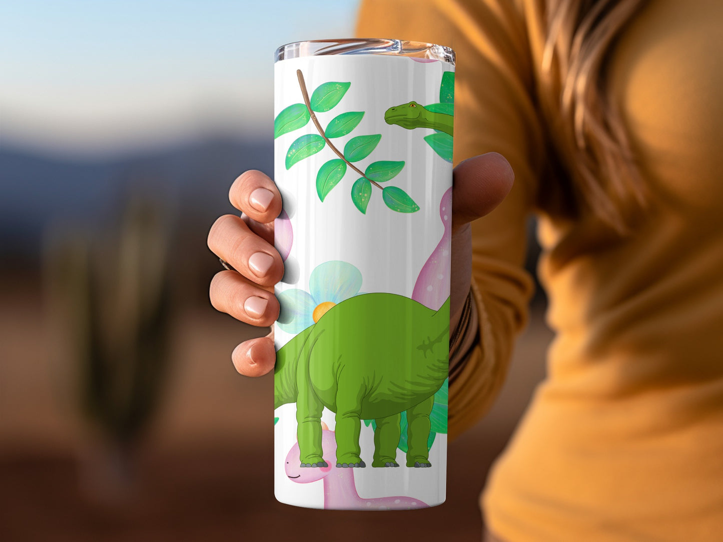 Cute Dinosaur and Leaves Design Insulated Tumbler