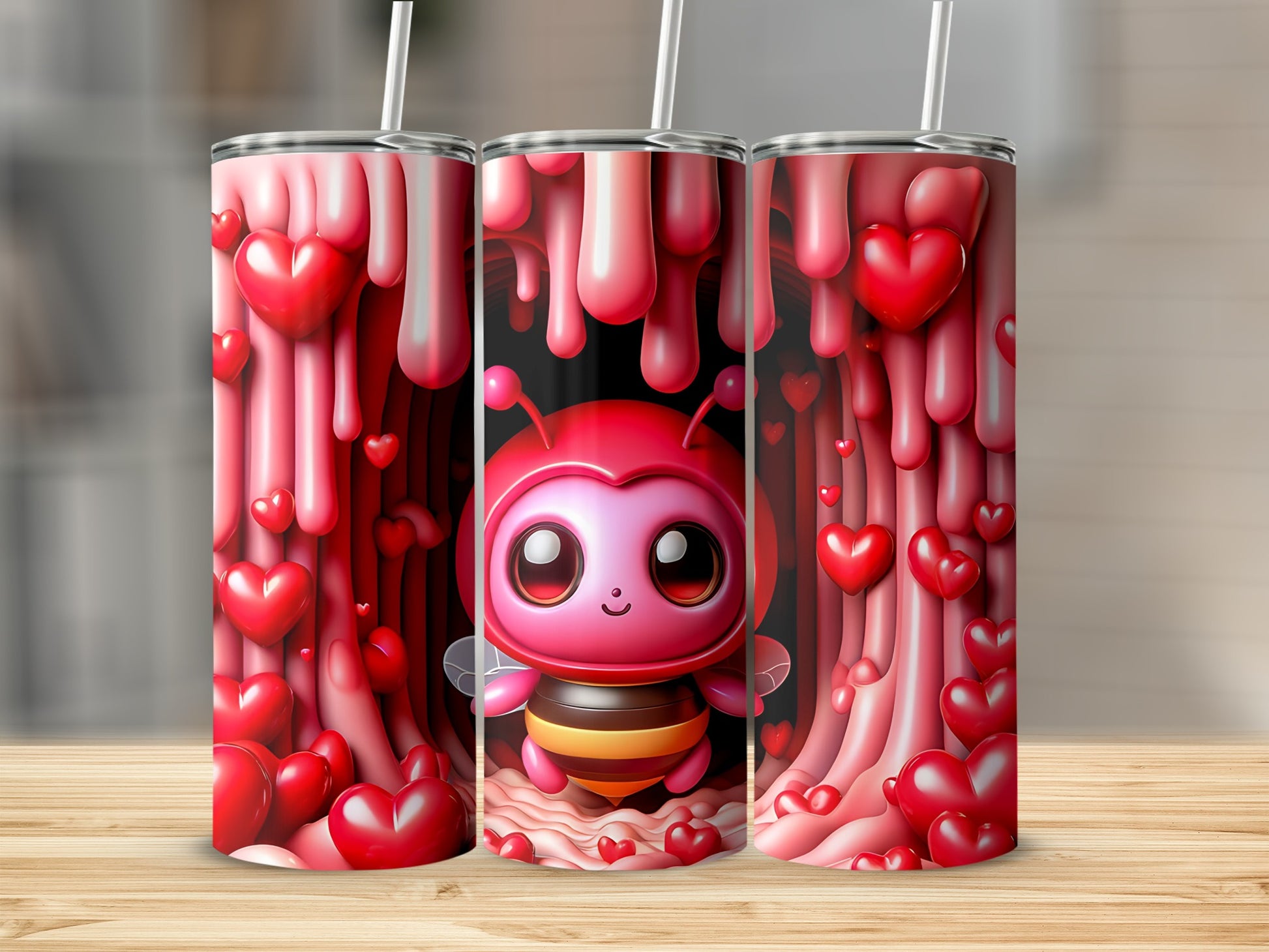 Cute cartoon bee with hearts, displayed on a tumbler.