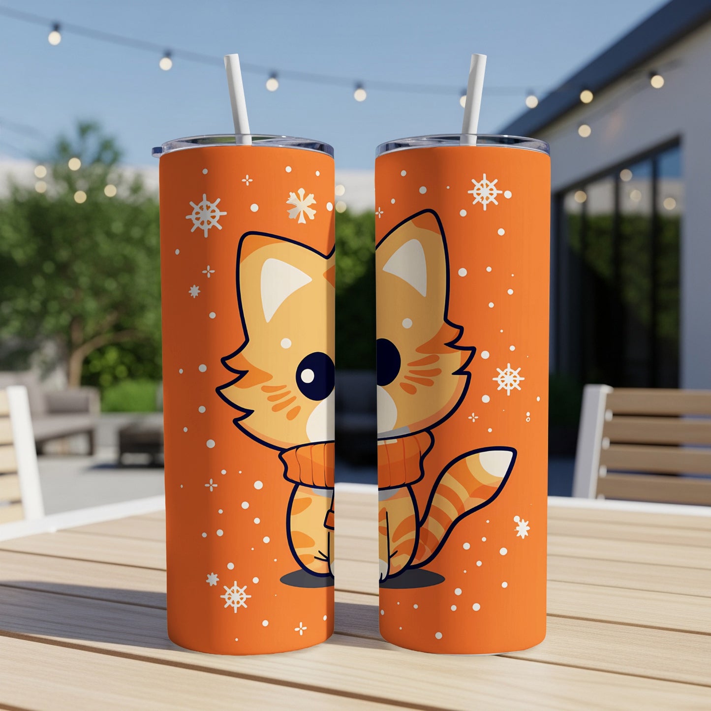 Orange cat tumbler with snowflakes and a scarf.