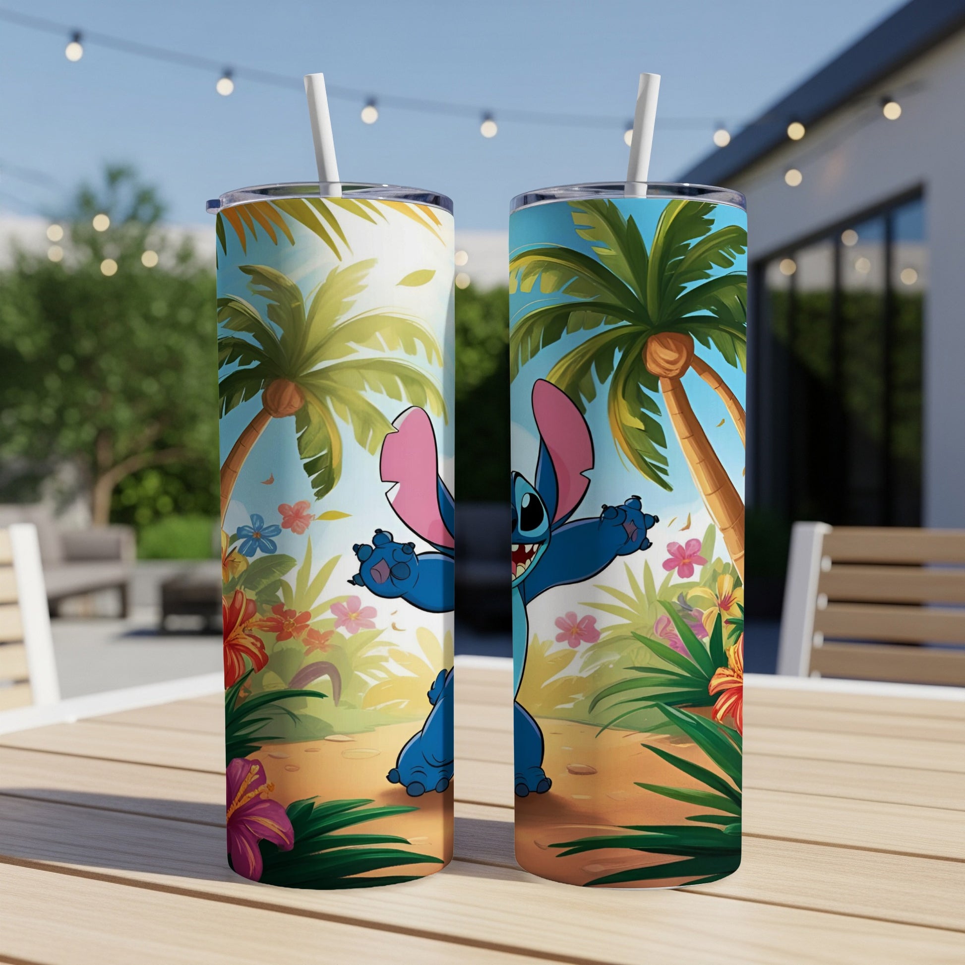 Two tall tumblers with Stitch from Lilo & Stitch surrounded by tropical foliage.