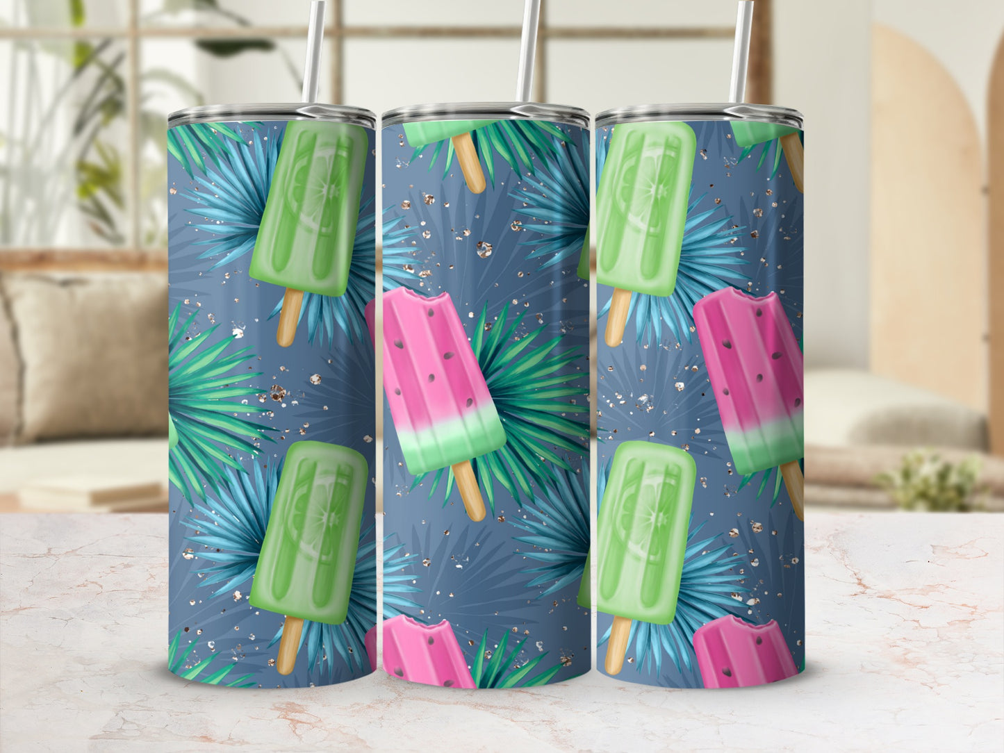 Tumbling tumblers with tropical palm leaves and popsicles.