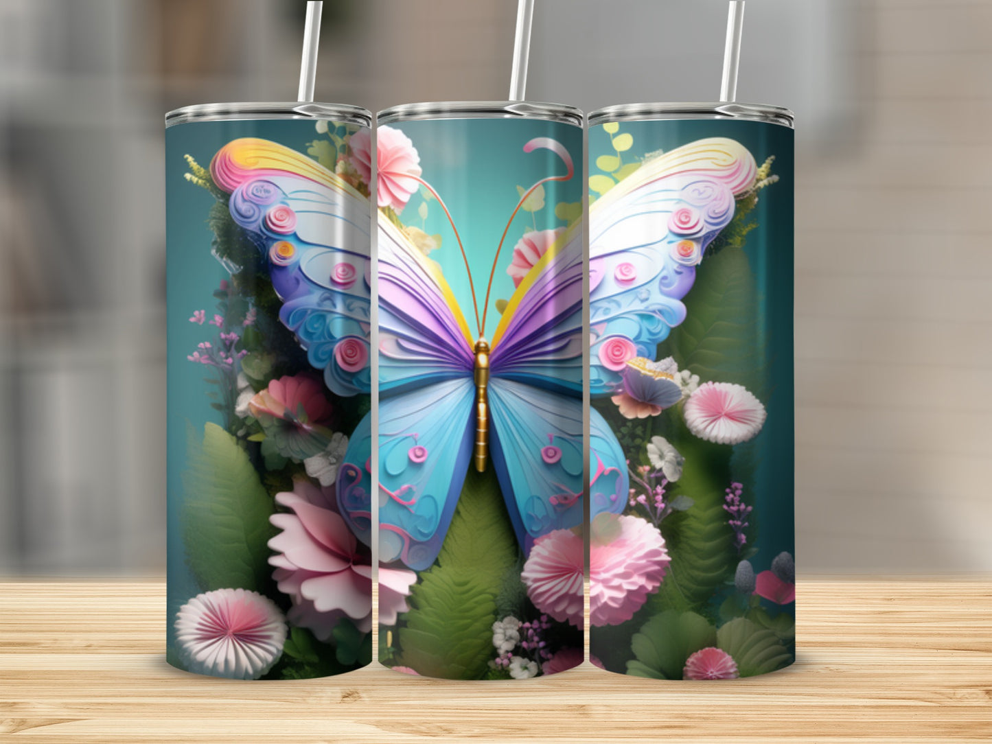 Three tumblers with a butterfly and floral design.