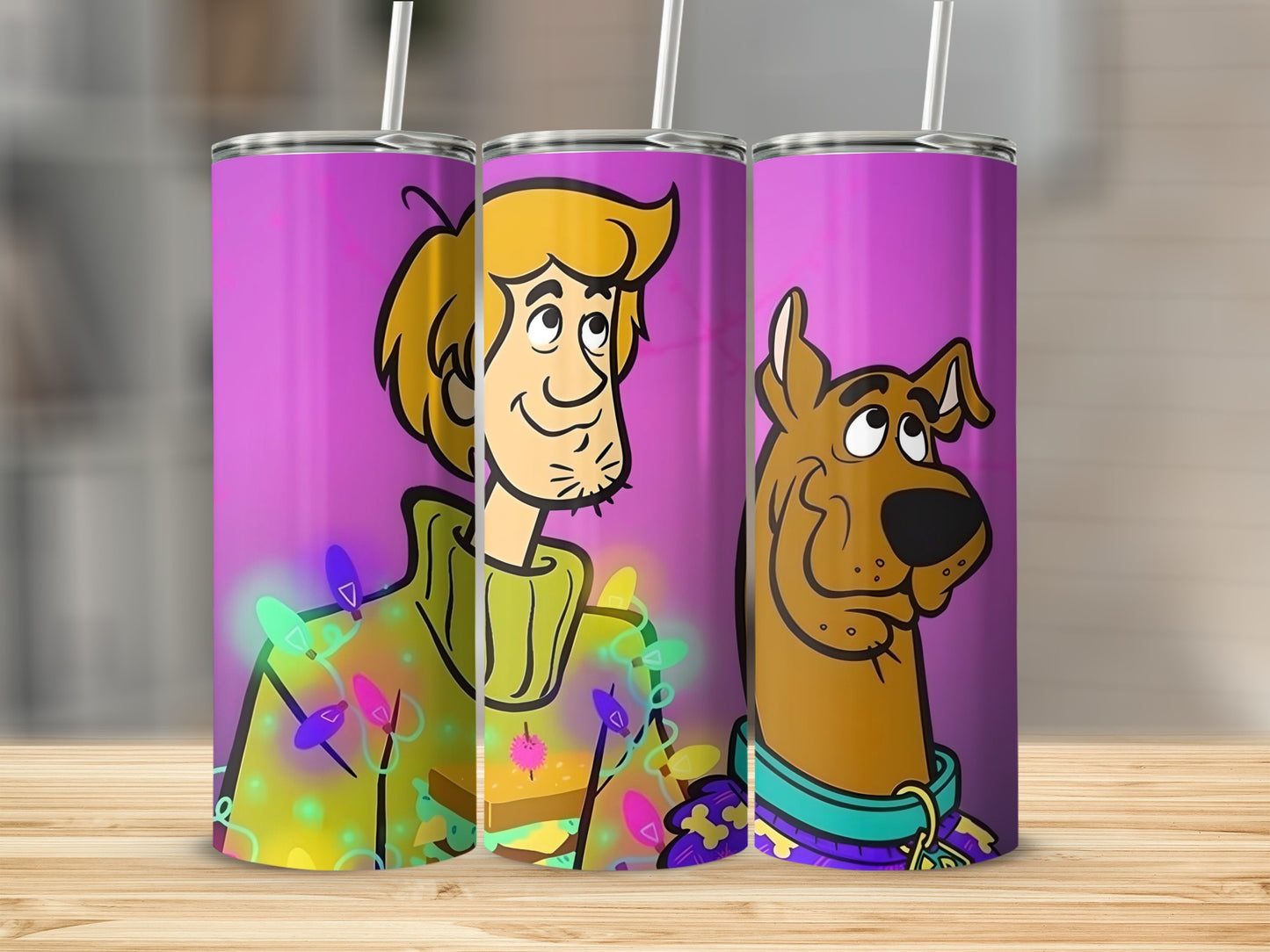 Scooby-Doo and Shaggy characters on a purple tumbler with colorful lights.