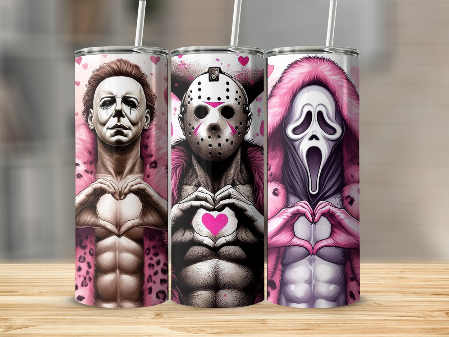 Three skinny tumblers with horror movie characters making heart shapes with their hands.