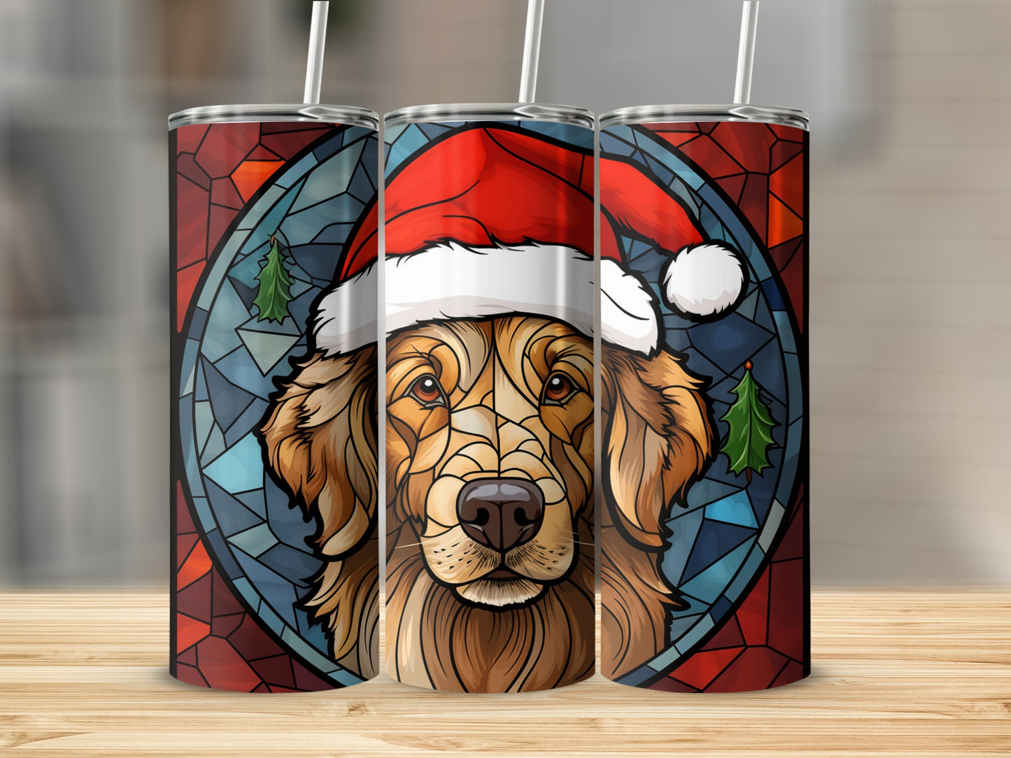 Golden Retriever wearing Santa hat against stained glass Christmas background.