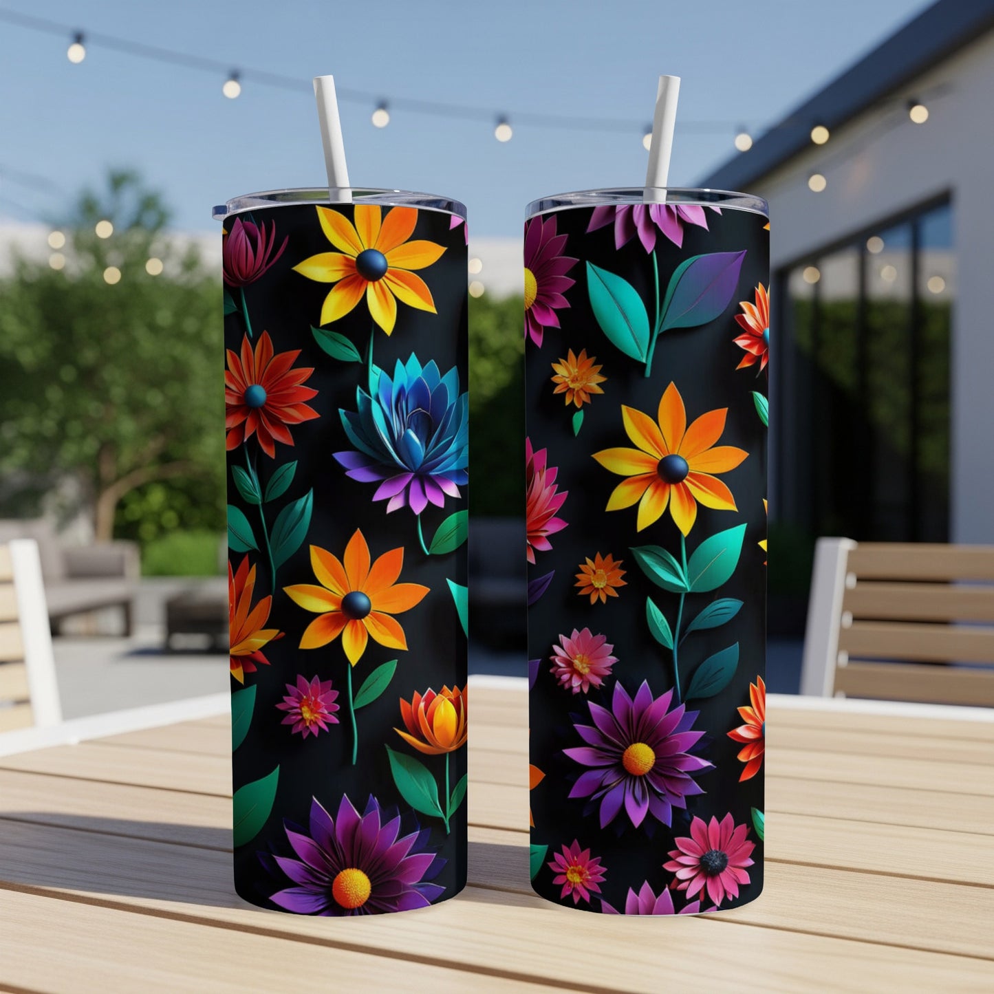 Two black tumblers with colorful floral patterns and straws.