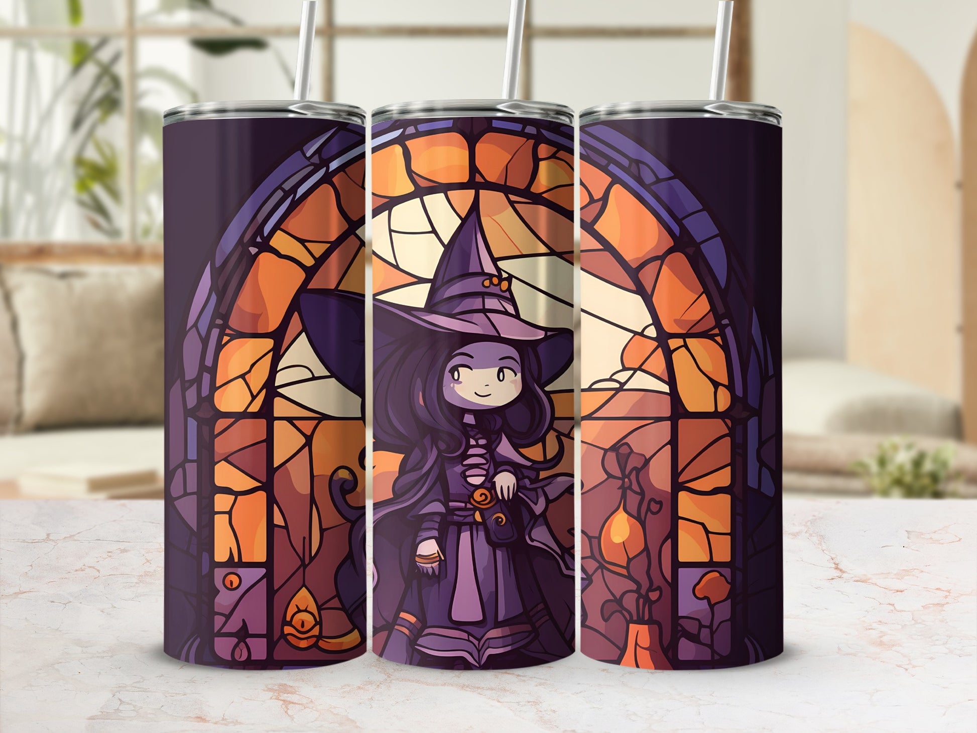 Three tumblers featuring a purple witch and stained-glass window design.