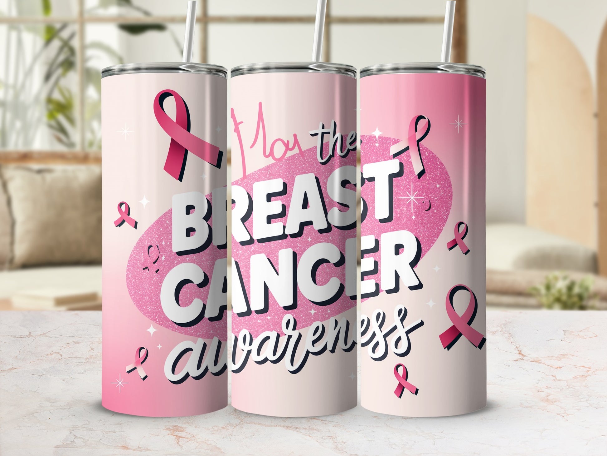 Pink tumbler with "Love the Breast Cancer Awareness" text and ribbons.