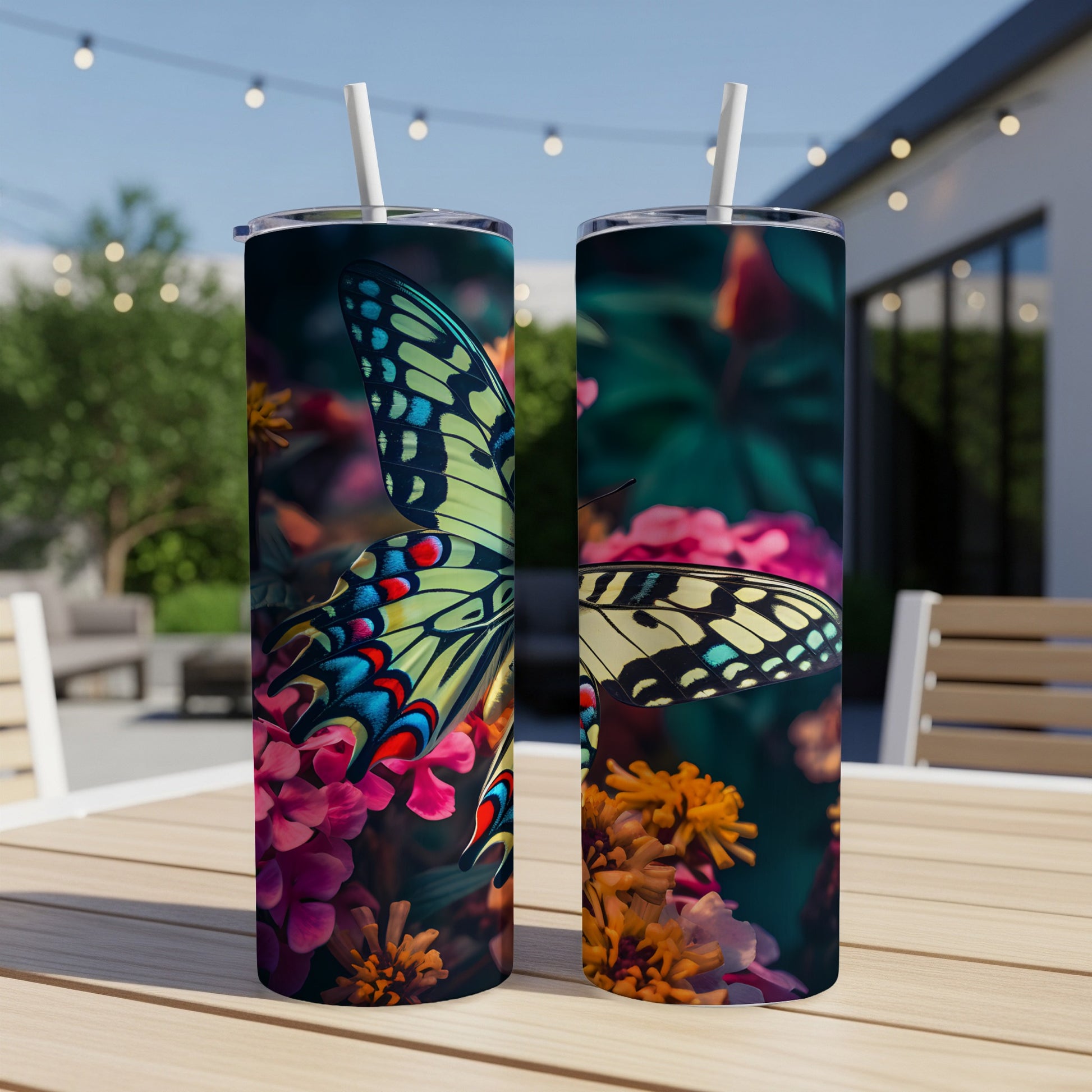 Two tumblers with a butterfly and floral design.