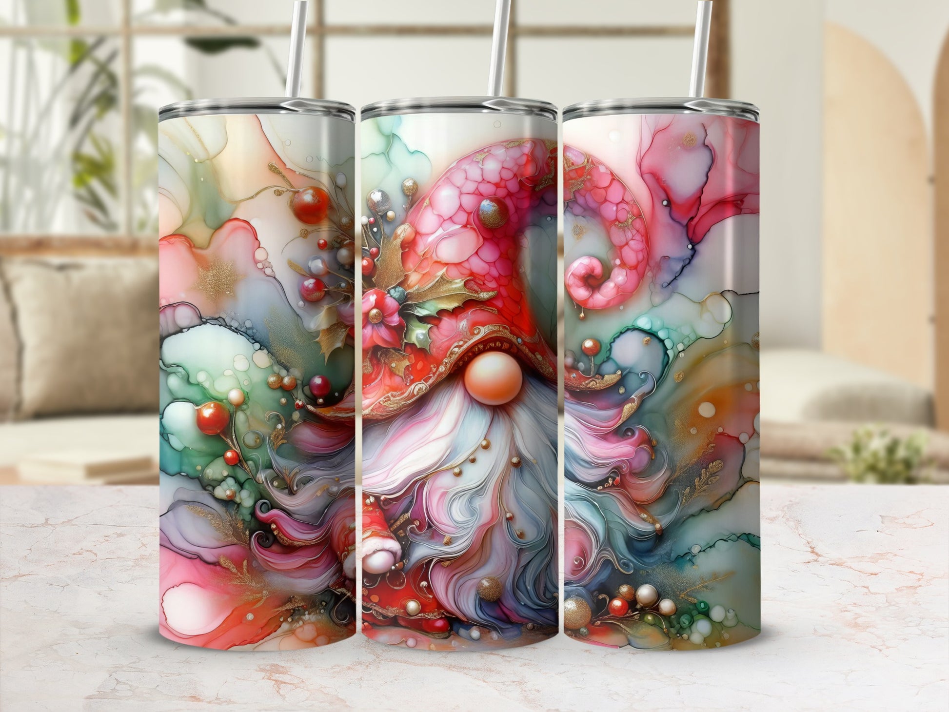 Three tumblers with a gnome design and swirling abstract patterns.