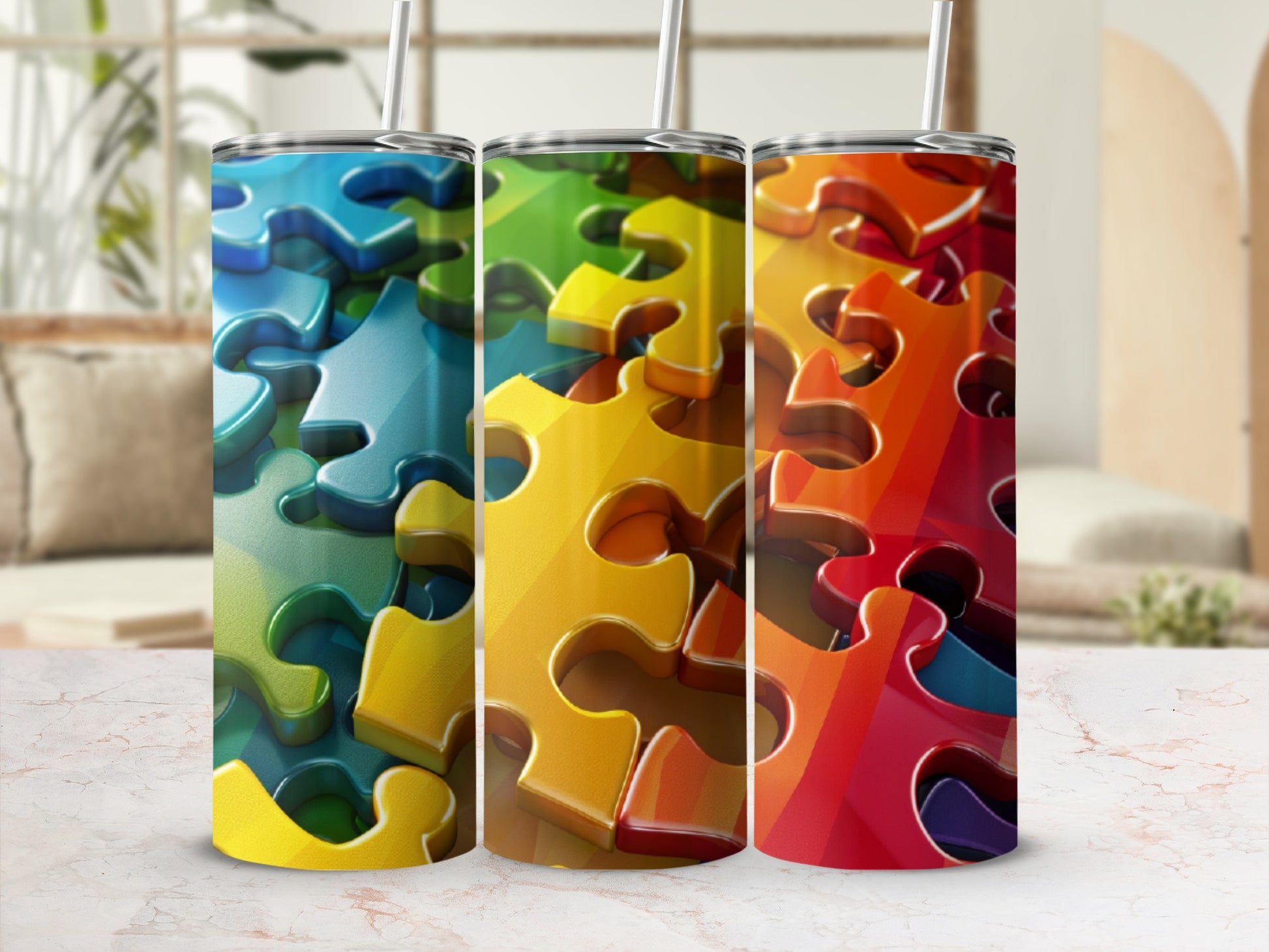 Three colorful puzzle pieces with straws, displayed vertically.