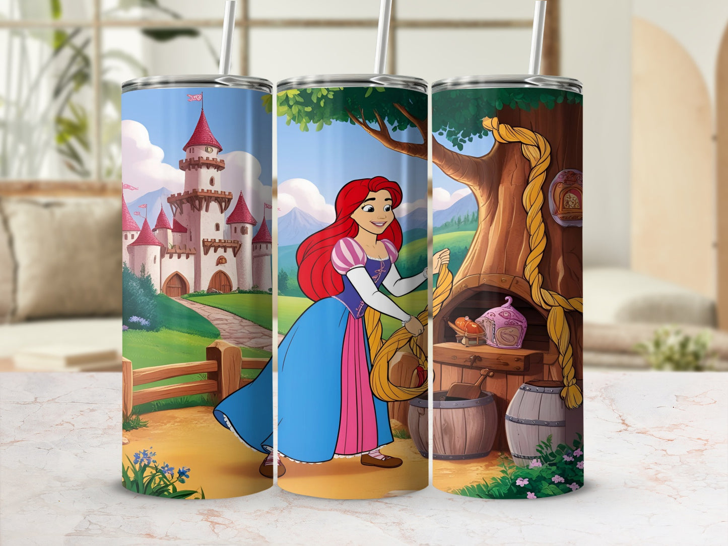 Ariel in a pink and blue dress with a castle and forest scene.