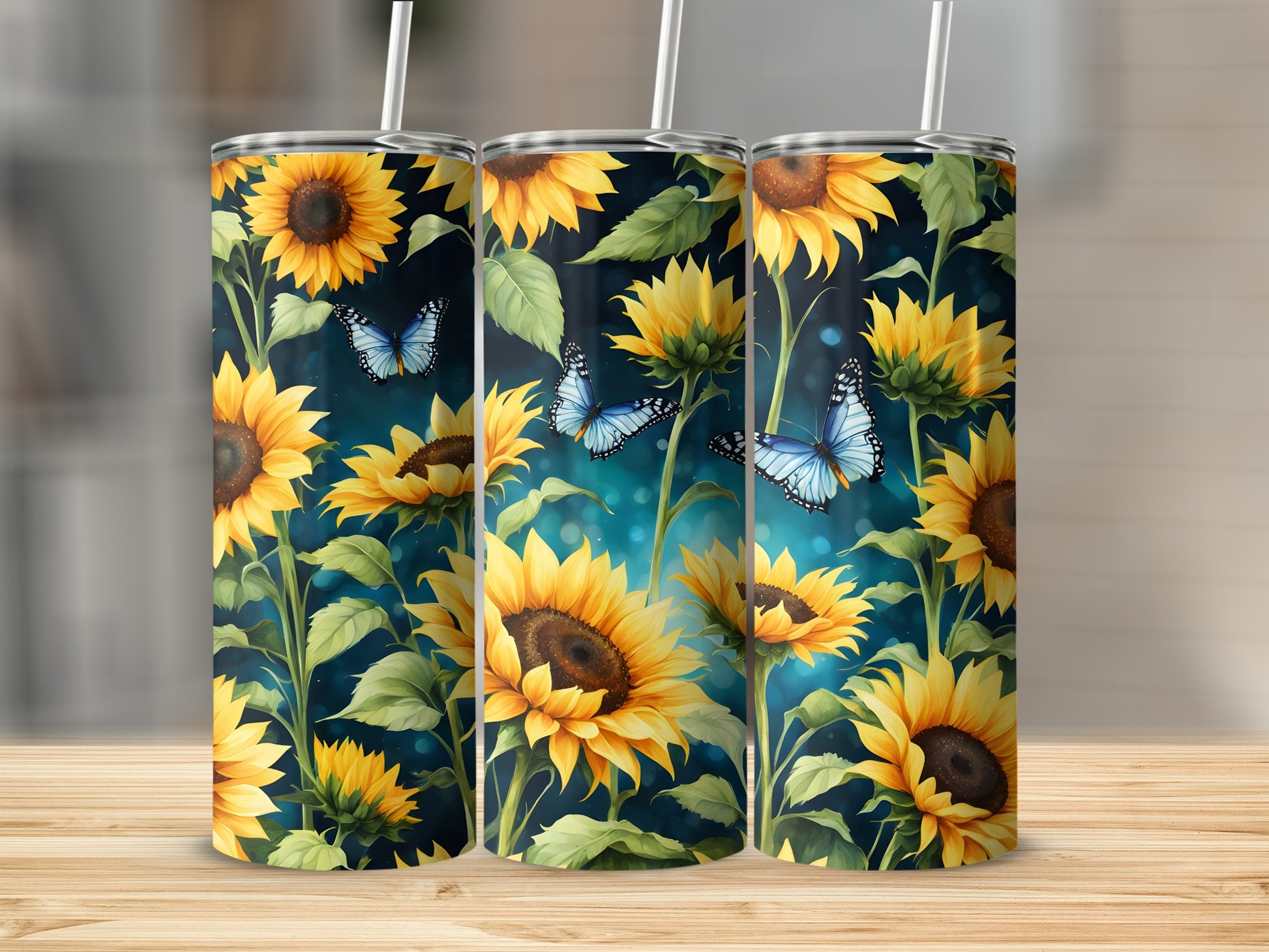 Three sunflowers with blue butterflies on a dark background.