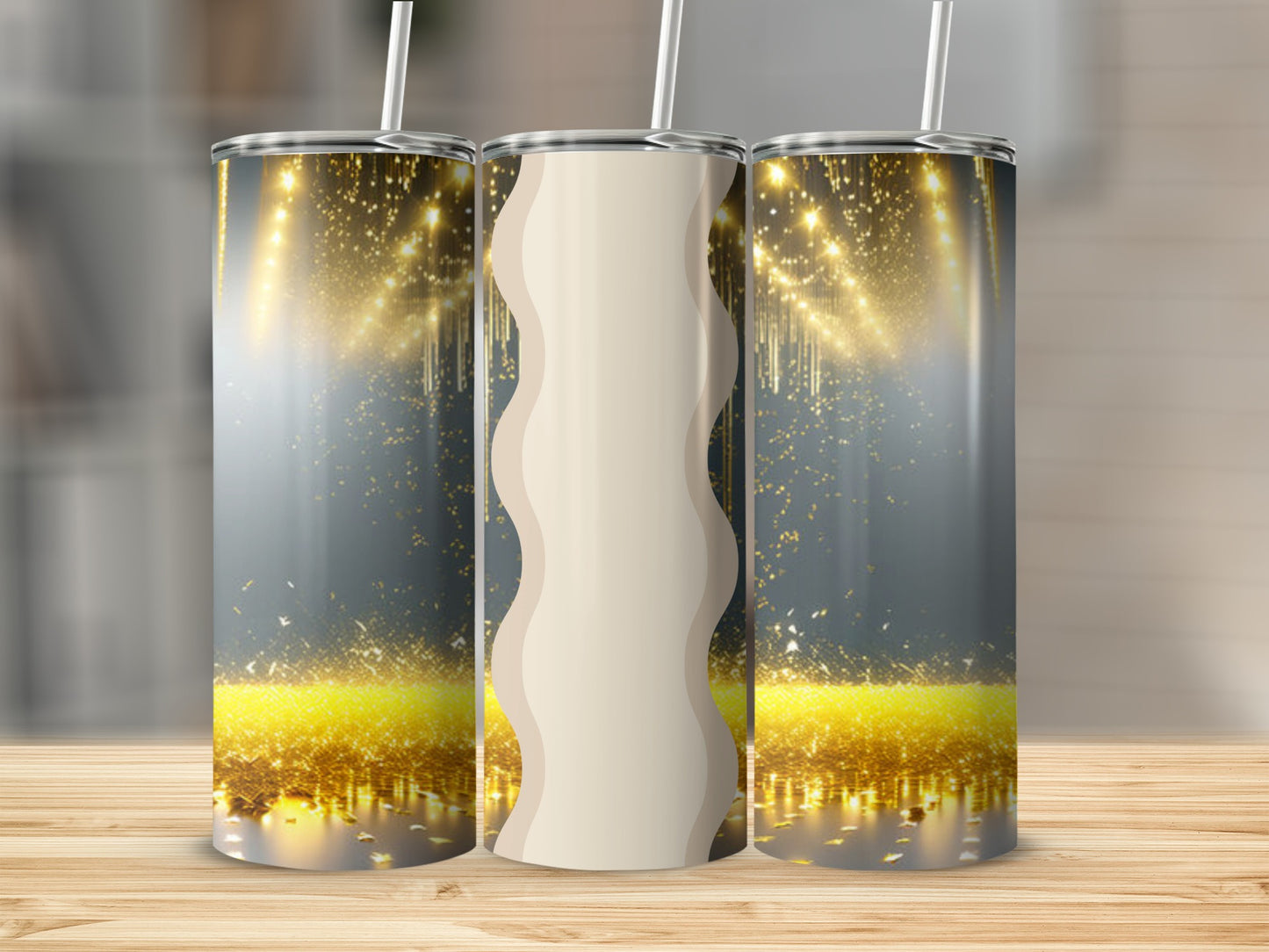 Three tall tumblers with gold glitter and bokeh effects on a wooden surface.