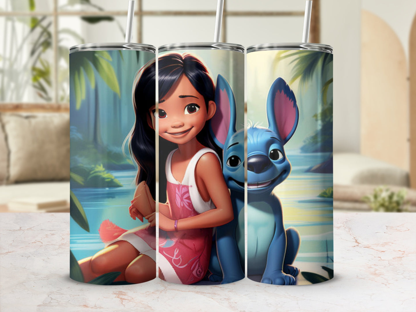 Lilo and Stitch sitting together in a serene, lush environment.