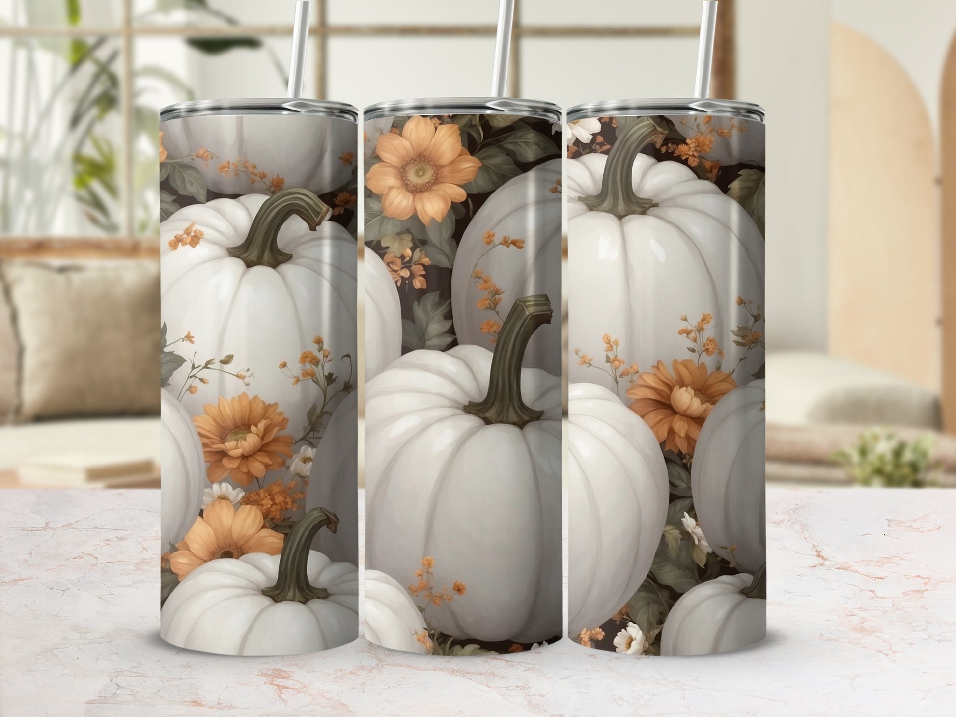 White pumpkins and autumn flowers pattern on a tumbler.