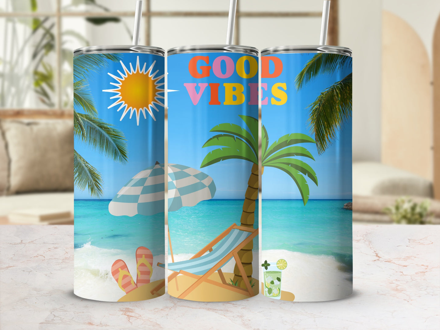 Tropical Beach Scene Tumbler with Palm Trees and Beach